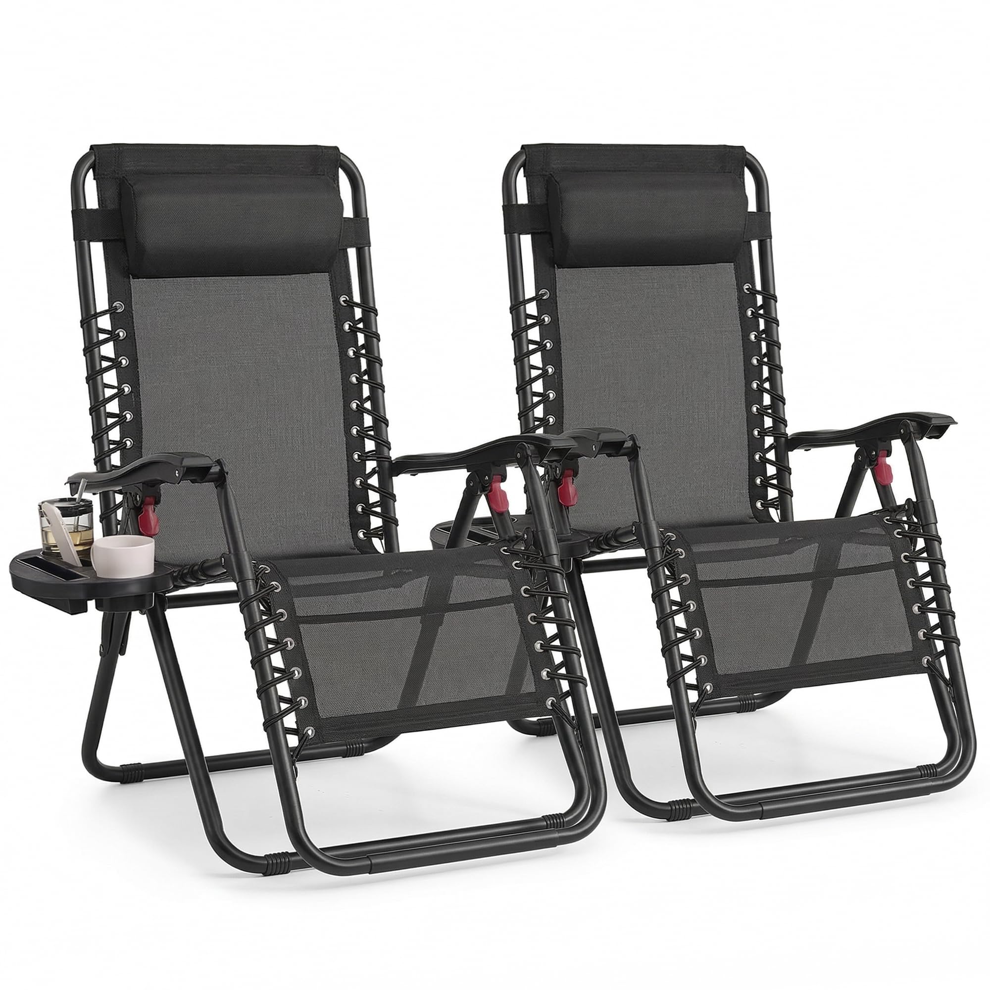 SONGMICS Set of 2 Zero Gravity Chairs, Folding Sun Loungers with Tray, Adjustable Headrest, for Patio, Garden, Max. Load 110 kg Each, Black UGLB032BZ02 - 1