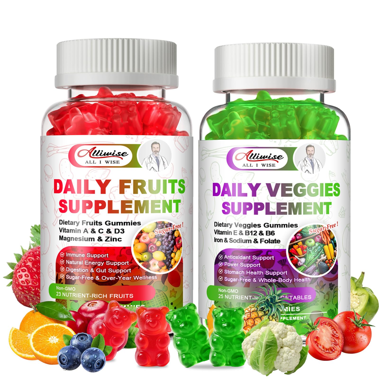 Sugar-Free Fruits and Veggies Supplement, Super Greens Gummies with Multivitamin, Minerals & Fiber, Natural Fruits and Vegetables Supplement Supports Immunity, Antioxidant & Energy for Women & Men