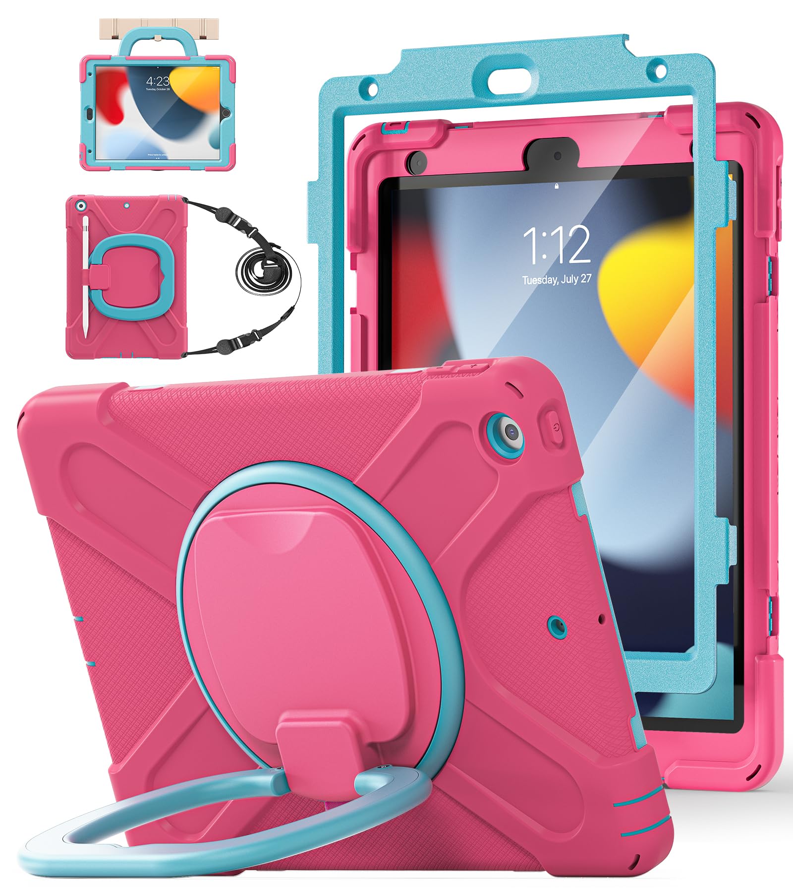 BATYUE for iPad 9th/ 8th/ 7th Generation Case (iPad 10.2 inch Rugged Case 2021/2020/2019) with Screen Protector, Rotating Stand/Pencil Holder/Carrying