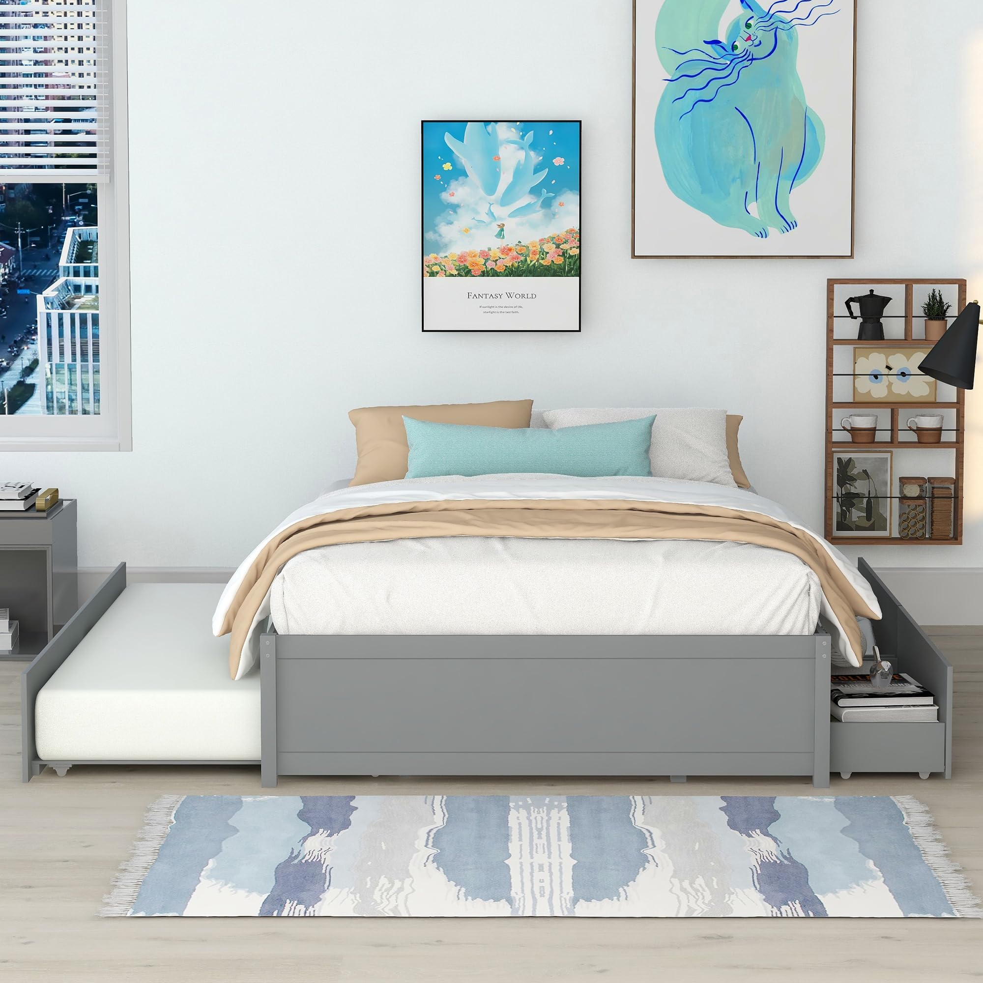 Full Size Bed Frame with Trundle and 2 Storage Drawers,Solid Wood ...