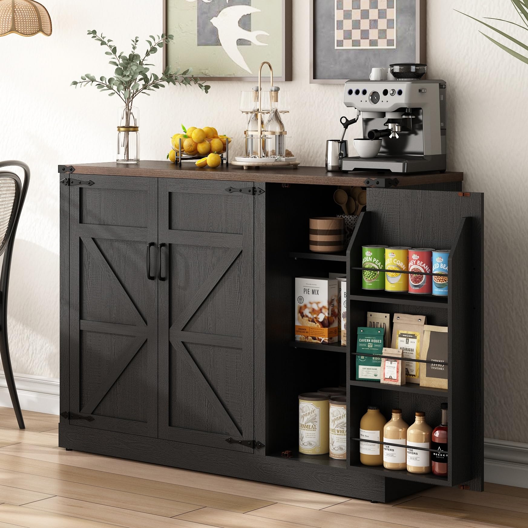 Sideboard Buffet Cabinet with Storage - 47.2 Inch Farmhouse Kitchen Sideboard Cabinets with Adjustable Shelves, Wooden Coffee Bar Storage Cabinet Buffet Table for Kitchen, Dining Room, Black