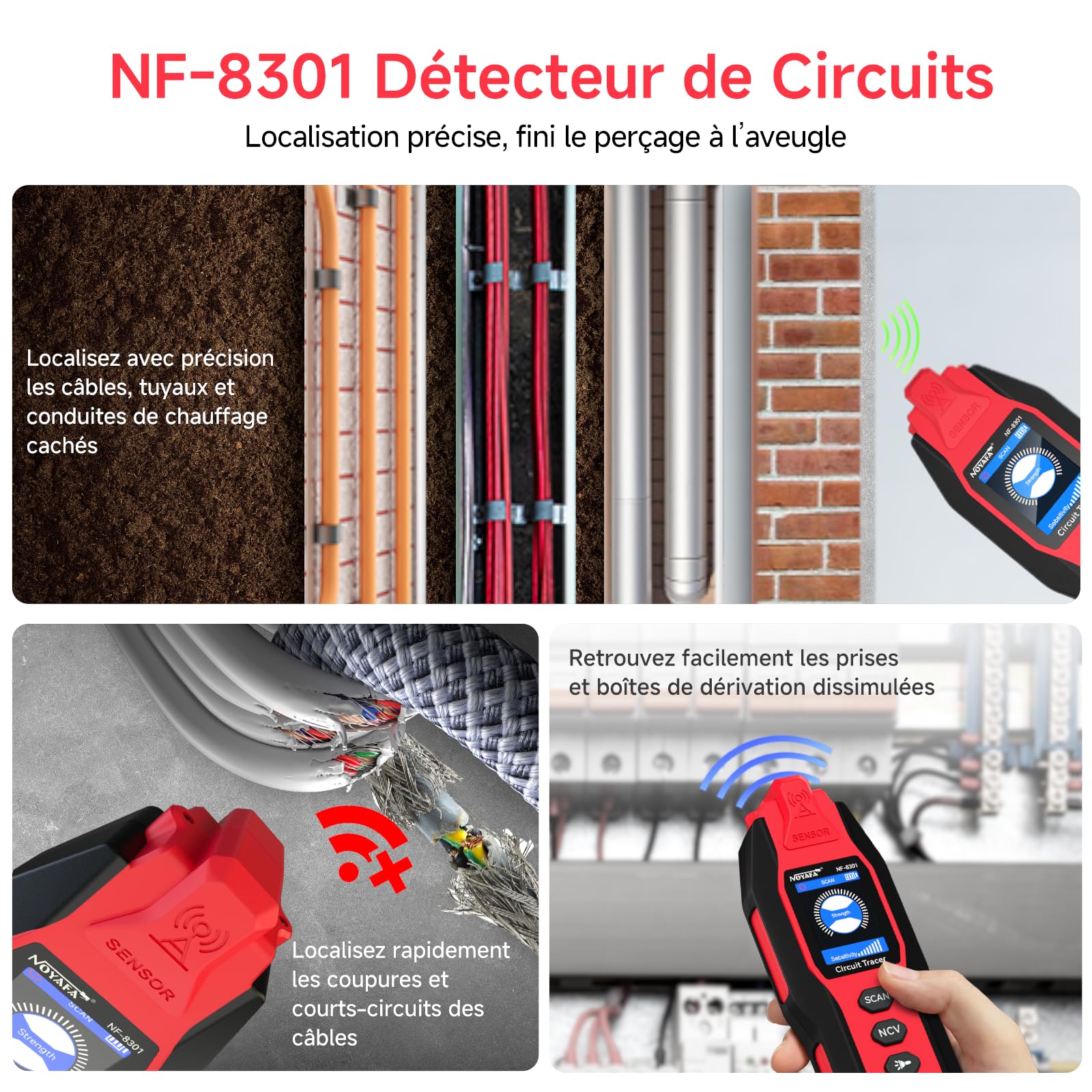 NOYAFA NF-8301 Détecteur de Circuit - Traceur de Câbles, Localisateur de Disjoncteur avec Multimètre Numérique, Sensibilité 8 Niveaux, Rechargeable, pour Fils Muraux et Souterrains