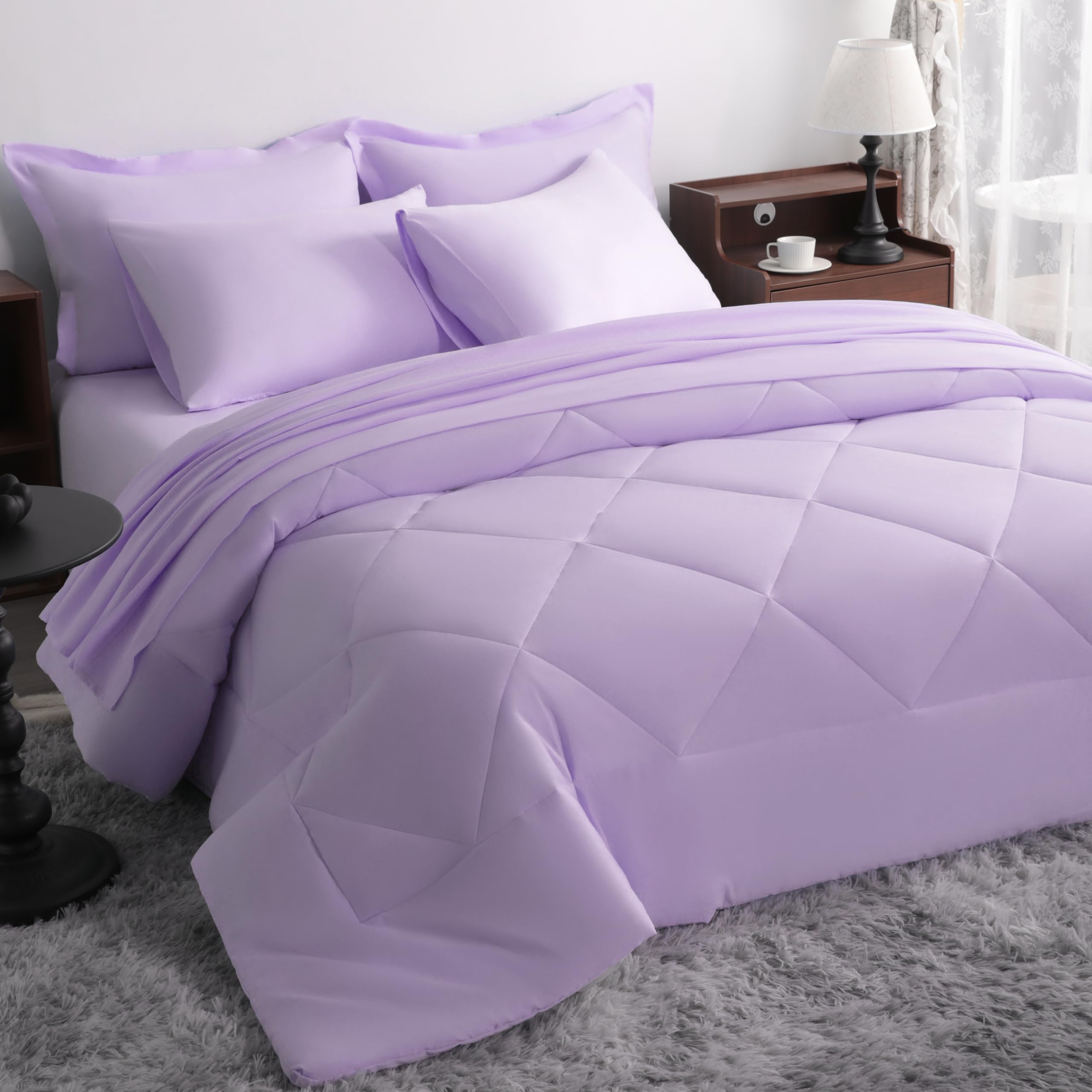 NTBAY Queen Microfiber Bed in a Bag, Comforter Set 7 Piece, Light Purple