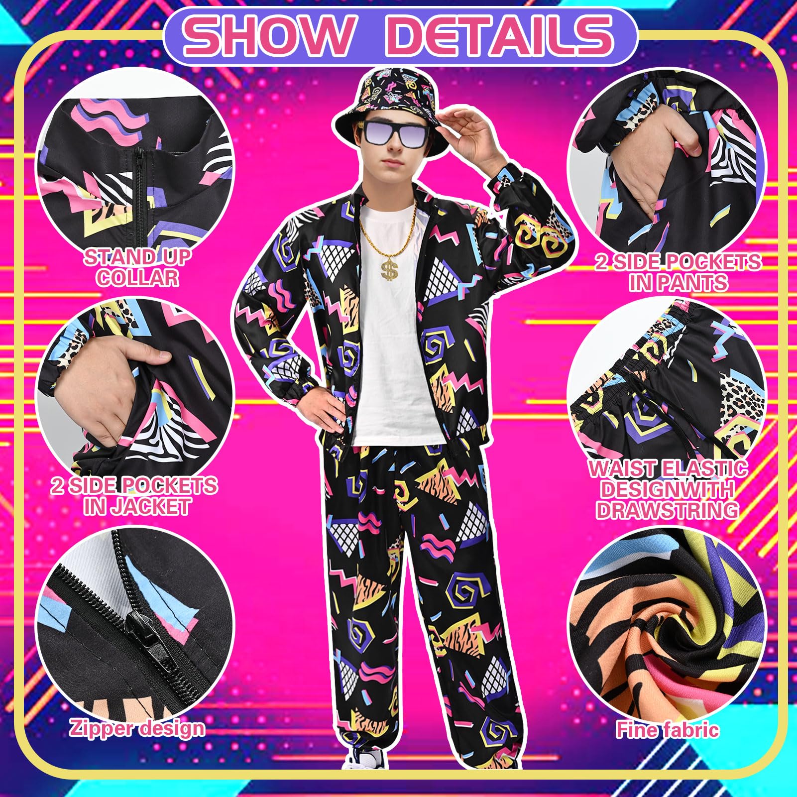 Amycute 80s Shell Suit for Men Women Retro 80s Tracksuit, 1980s Disco Fancy Dress 80s 90s Costume Outfits Adults Halloween - Image 5