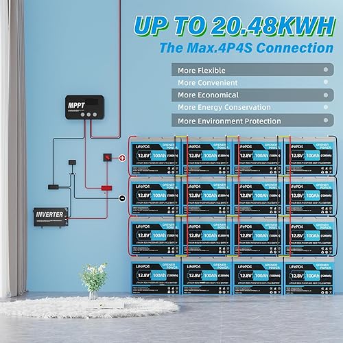 Miniatura 5 de Batería LiFePO4 de 12 V 100 Ah, BMS integrado de 100 A, batería de litio del grupo 24 con hasta 15000 ciclos, batería de fosfato de hierro y litio