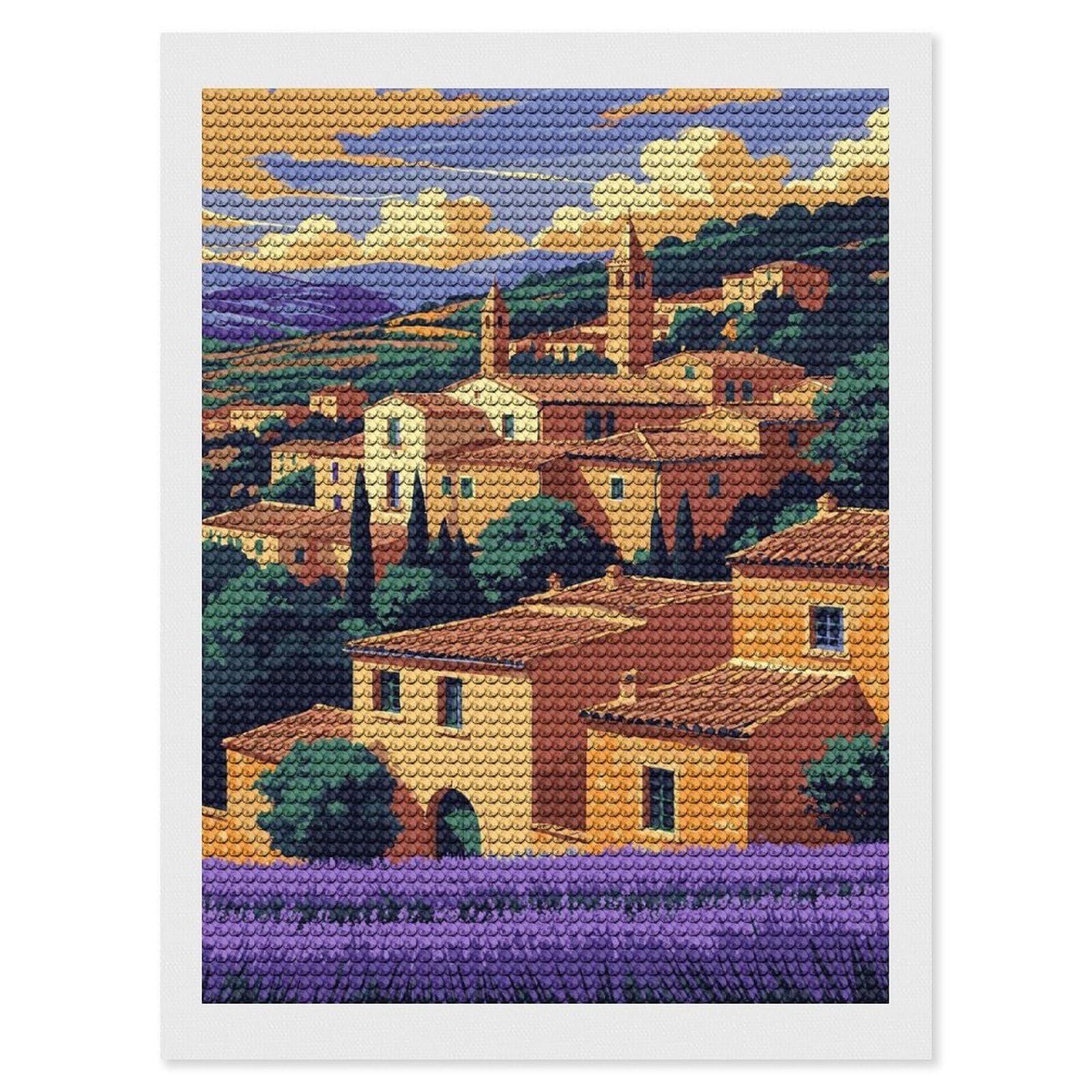 Junmoney Picturesque Village Landscape with Lavender Field DIY Diamond Art Canvas Kit 12"x16", Adhesive Canvas, Easy to Enjoy, Farmhouse Decor, Festive Craft Gift