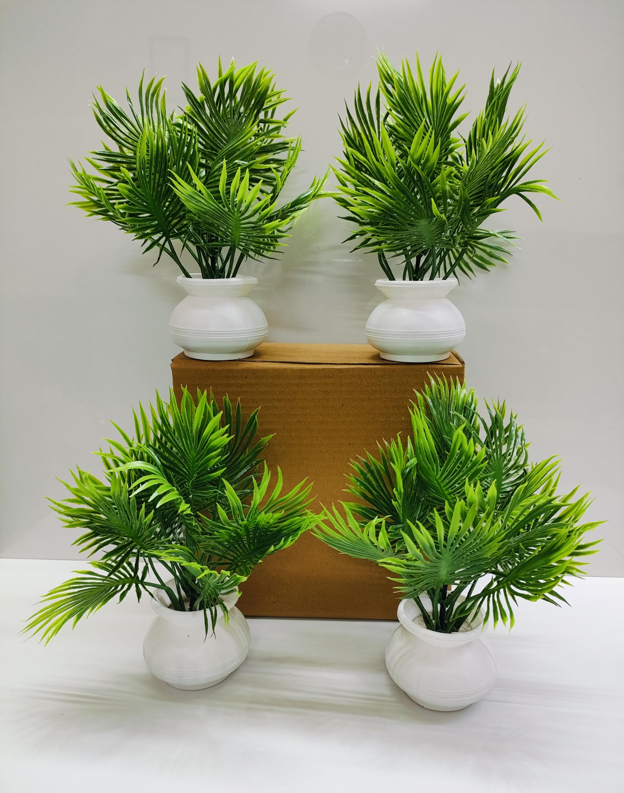 ADIRSA Artificial Palm Leaf Plant with White Pot Bonsai Potted Plastic Faux Green Grass Fake Topiaries Shrubs for Home, Garden and Office Decor[ Set of 04 ]