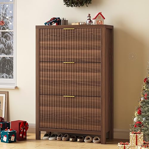 Miniatura 14 de Gabinete de Zapatos de Almacenamiento para Entrada, Gabinete de Zapatos Acanalado con 2 Cajones Abatibles, Estante de Zapatos Alto Independiente