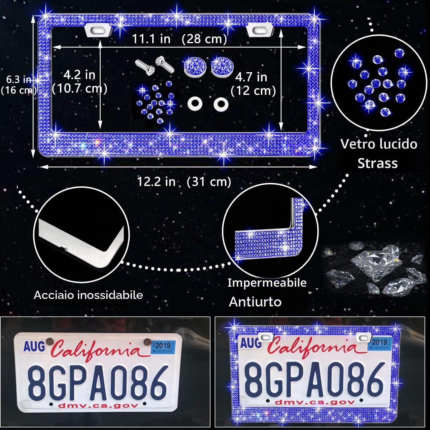 NBTEPEM Set di 27 accessori per auto blu da donna, coprivolante luccicante, universale, misura 38 cm, cornice per targa con strass, supporto per telefono, sottobicchieri per auto (diamante blu)