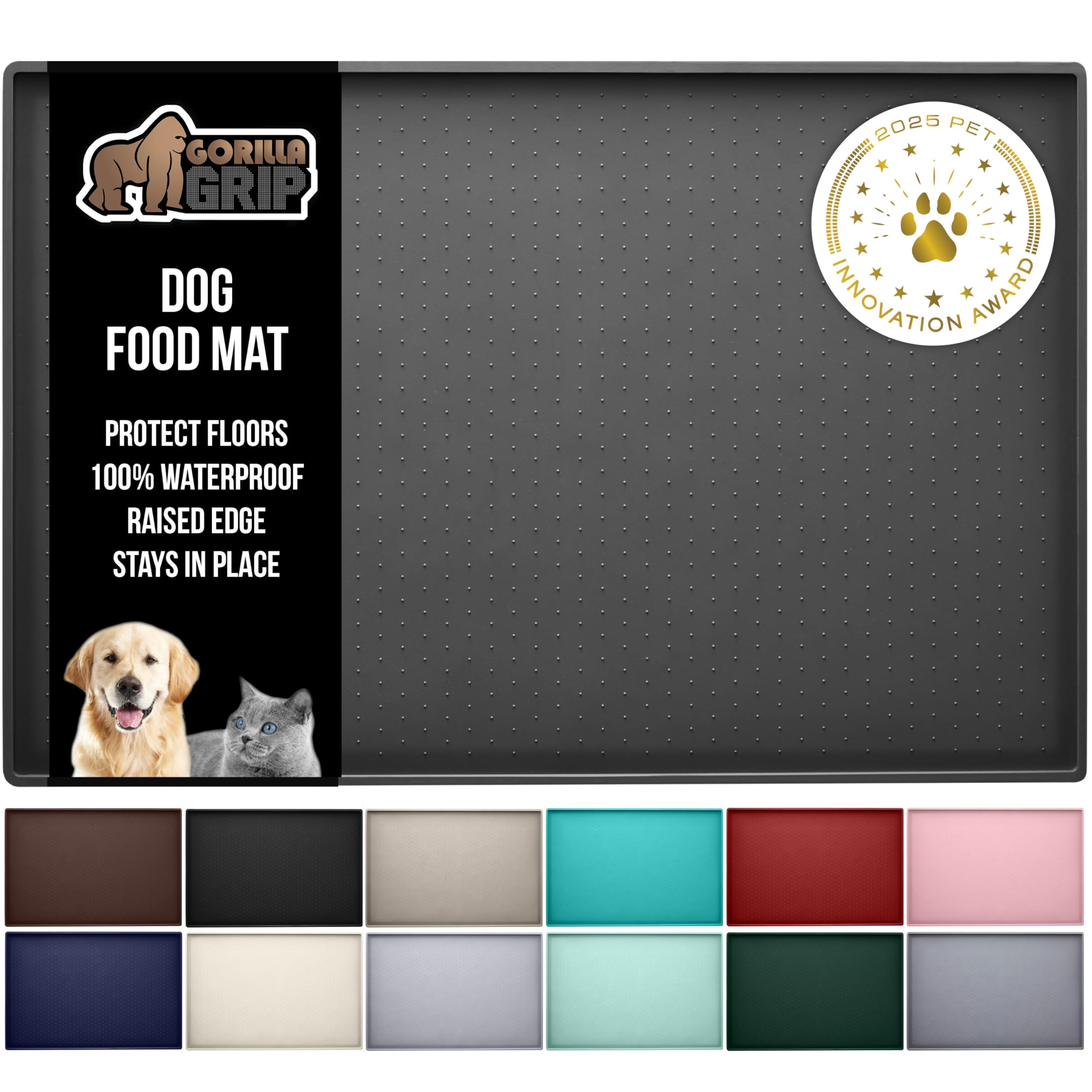 GORILLA GRIP 100% Waterproof Raised Edge BPA Free Silicone Pet Feeding Mat, Dog Cat Food Mats Contain Spills Protects Floors, Placemats for Cats and