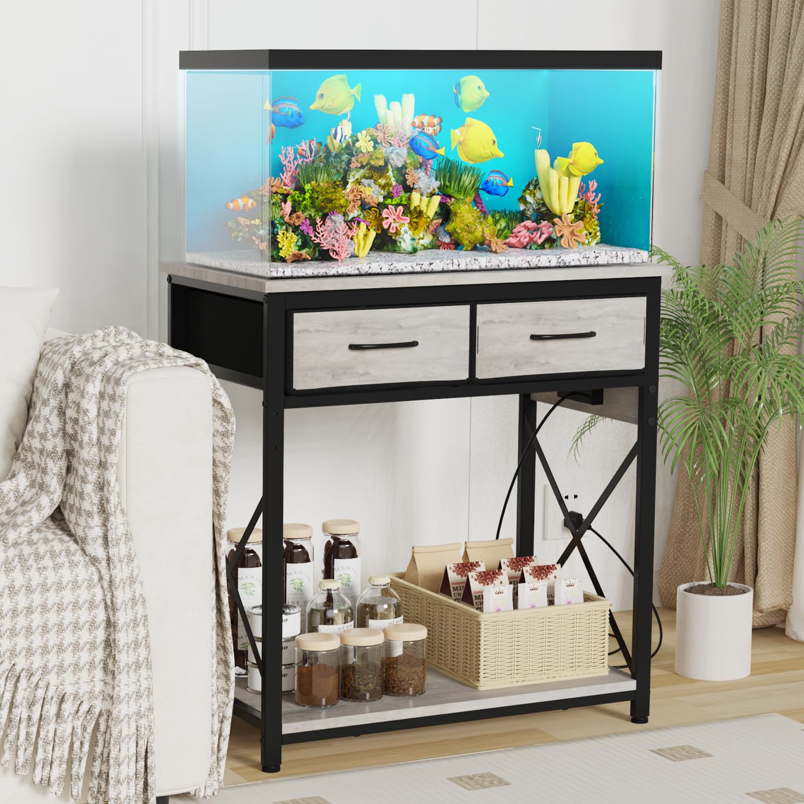 TFK Soporte para pecera de 20-29-37 galones con toma de corriente, soporte de metal resistente para acuario con dos cajones de almacenamiento para almacenamiento de accesorios de pecera, perfecto para