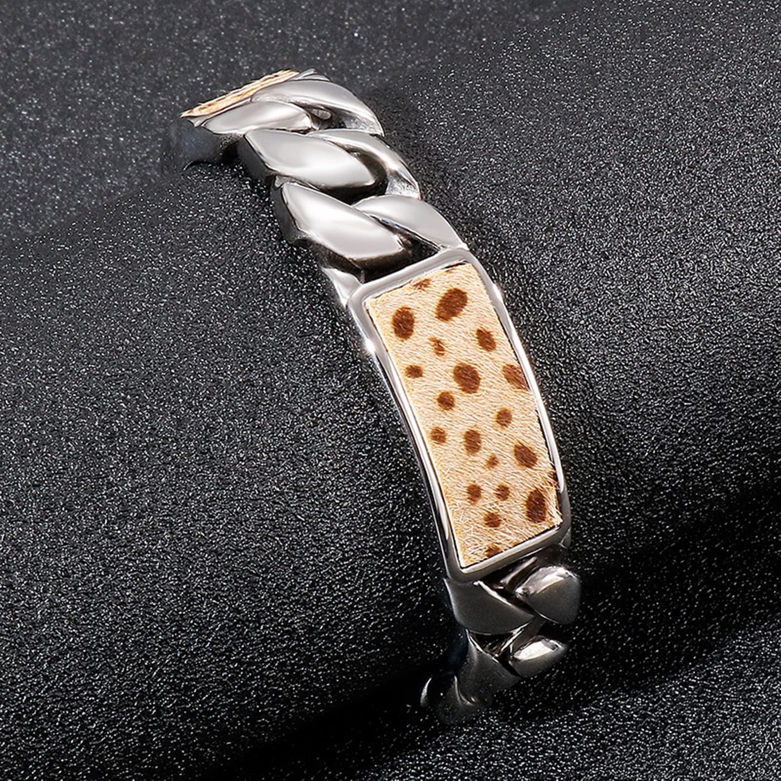 Herren-Gliederarmband, Leopardenmuster-Knopf, Edelstahlarmband, Herrenklasse 220 x 15 mm, Einheitsgröße, Edelstahl-Edelstahlarmband, kein Edelstein, Haushaltsarmaturen