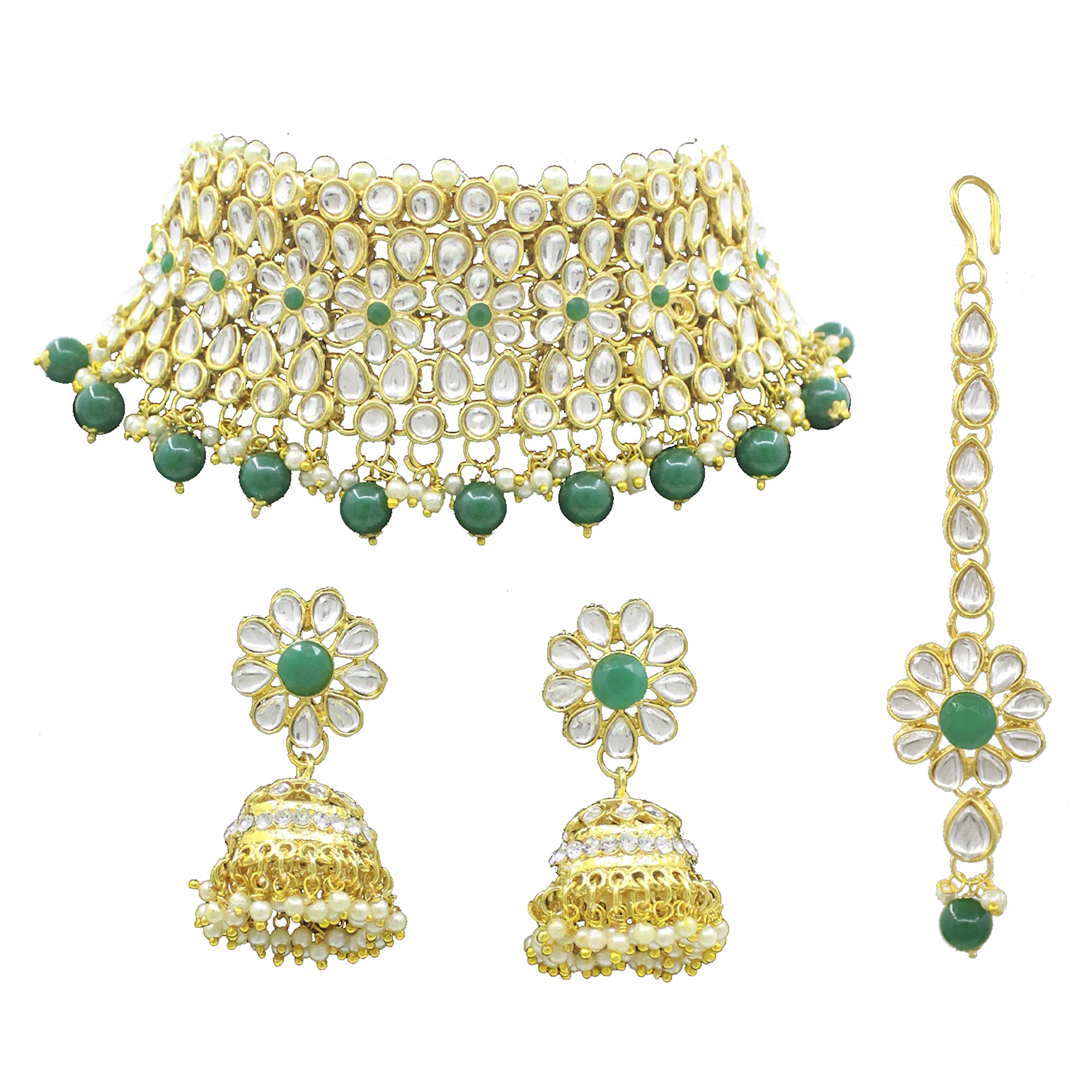 SAIYONI Wedding Collection Kundan Gold Plated Choker Necklace Earring With Maang tikka Jewellery Set - (90438-GR) (B09N1NZ7JY) Amazon Price History, Amazon Price Tracker