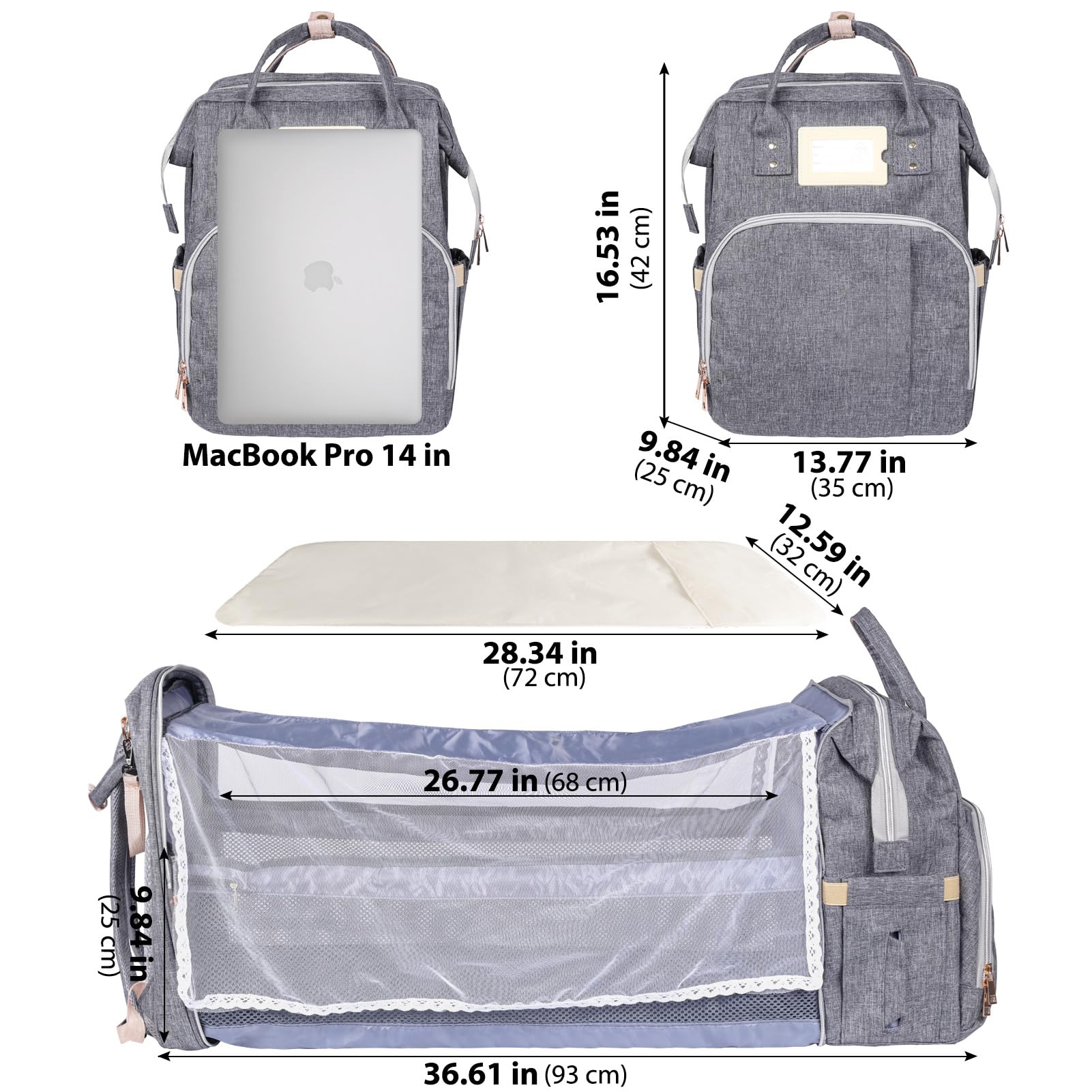 Ohotter Borsa Zaino Fasciatoio, Zaino Mamma Grande con Lettino Pieghevole, Materassino Fasciatoio, Cinghie per Passeggini, Tasche Isolanti Bottiglia, Zaino per il Cambio Unisex per Mamme e Papà