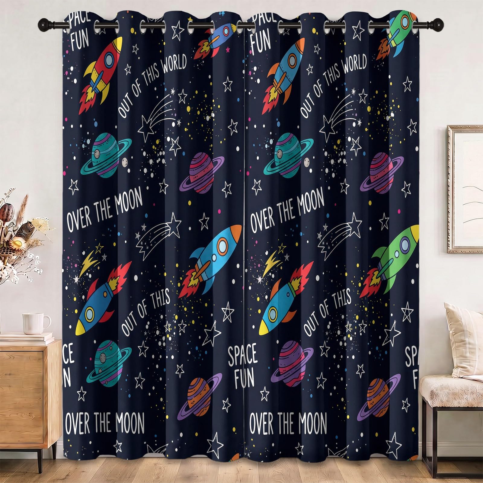 Rideaux pour Enfants 75L X 166H cm (2 Panneaux), Rideaux Isolant Thermique Motif Étoile Fusée Planète, Décoration de Espace Animé pour Chambre d'enfant Garçon Adolescent Salon Fenetre, Bleu Foncé