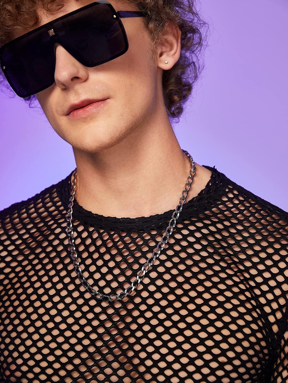 WDIRARA Men's See Through Fishnet Mesh Long Sleeve Sheer Crop Tops Party Club Top - Image 2