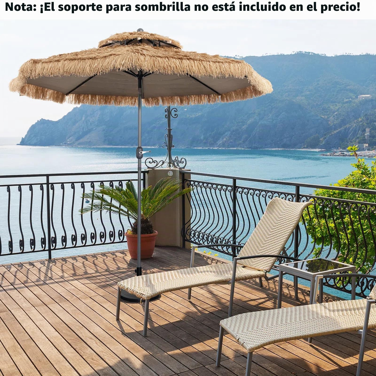 KOMFOTTEU Sombrilla de Playa Ø270/300cm, Sombrilla Hawaiana de Paja de PE, Parasol de Rafia Inclinable con 8 Varillas, Sombrilla con Doble Techo para Jardín, Terreza, Balcón