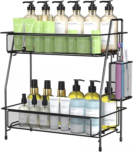 Organizador grande de baño con cesta, organizador de encimera de baño de 2 niveles, organizador de encimera de baño, organizador de especias debajo