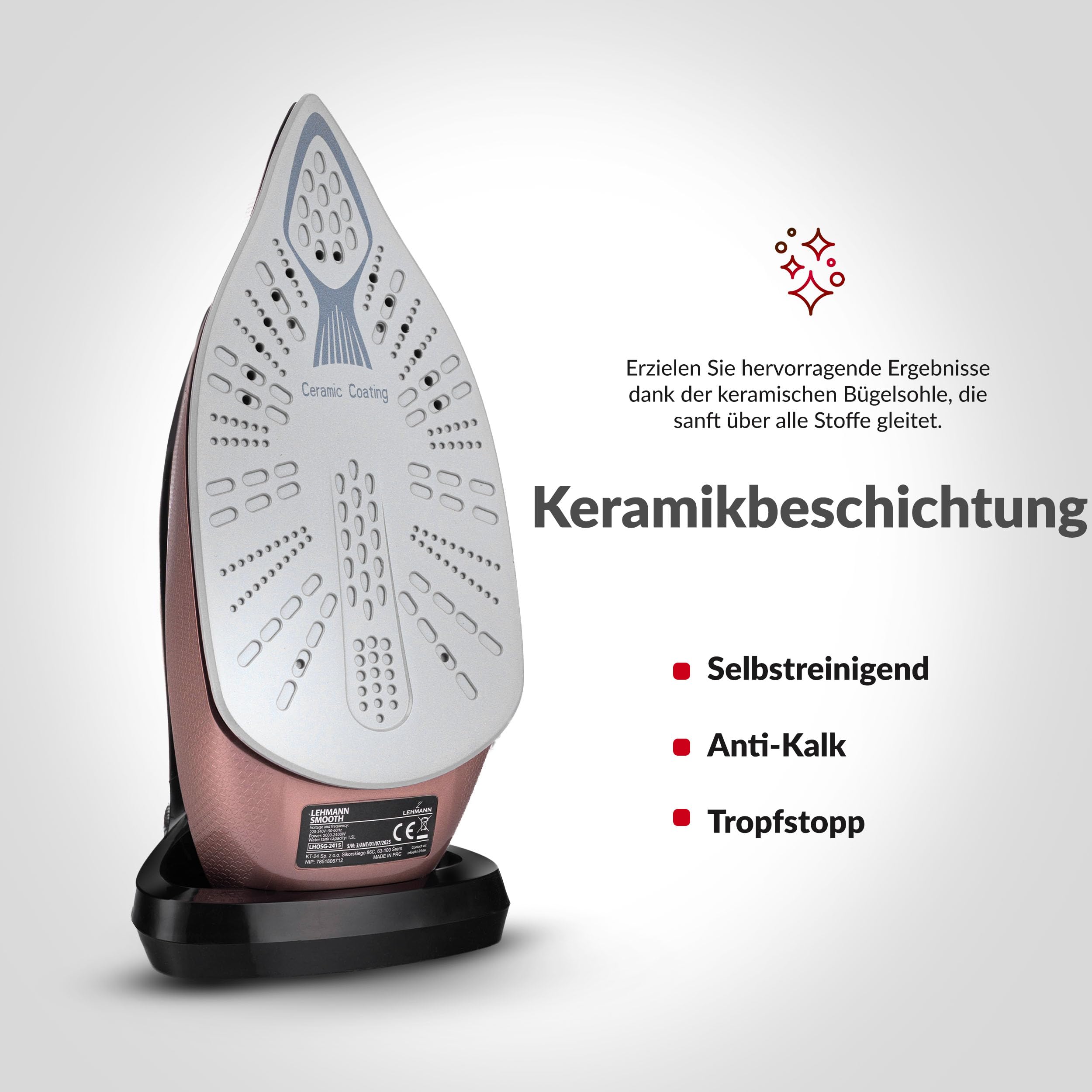 LEHMANN Dampfbügelstation 8 Bar Druck & 2400 Watt, 120 g/min Dampfleistung mit Extra Dampfstoß, 1,5 L abnehmbarer Wassertank, ECO-Modus, vertikale Dampffunktion, Abschaltautomatik, Schwarz/Roségold