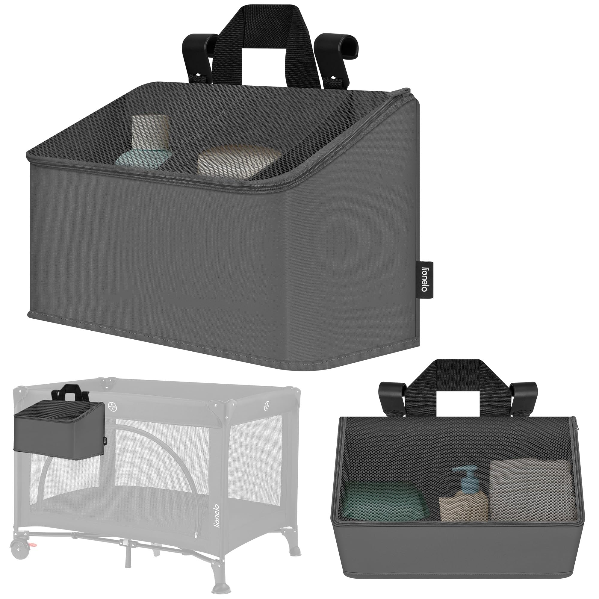 lionelo Sidepocket Medium Hanging Nursery Organiser 43×15×23 cm, Portable Cot Storage with 3 Zip Compartments & Carry Handle