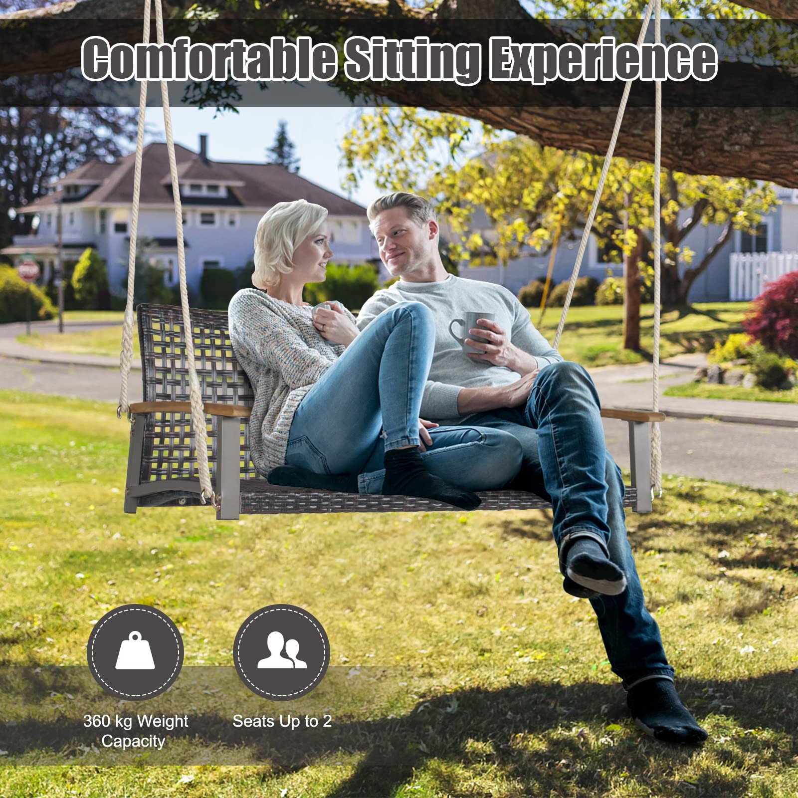 GIANTEX Altalena in vimini per 2 persone in rattan PE con schienale curvo per esterni, corde resistenti, capacità di carico di 360 kg, per terrazza, patio, giardino, balcone