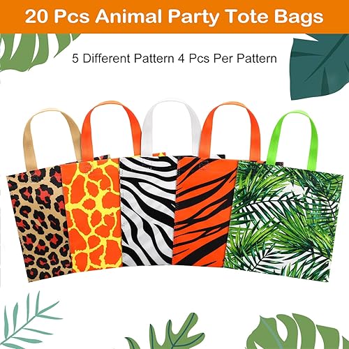 Miniatura 6 de Tallew 20 bolsas de fiesta con estampado de animales, bolsas de golosinas de vida silvestre, safari, selva, bolsa no tejida con diseño de hojas de