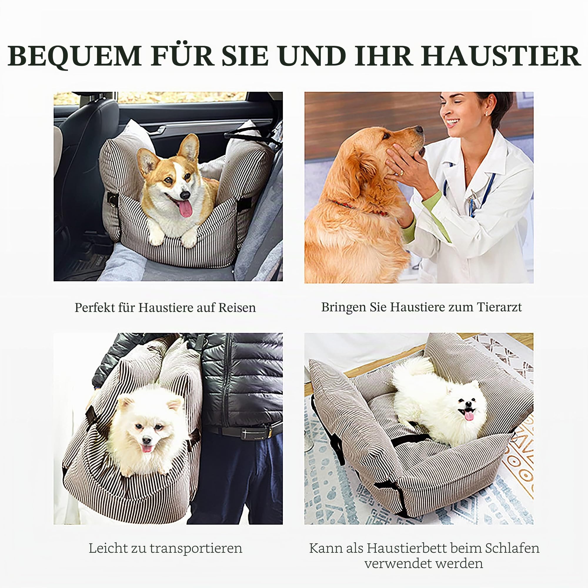 Johnear Hunde Autositz Sitzerhöhung für 10kg kleine Hund Haustier Katze Hundebett Reisebett mit Sicherheitsleine, abnehmbar und waschbar 2 in 1 Hundekissen Katzenbett Tragetücher Couch Braun