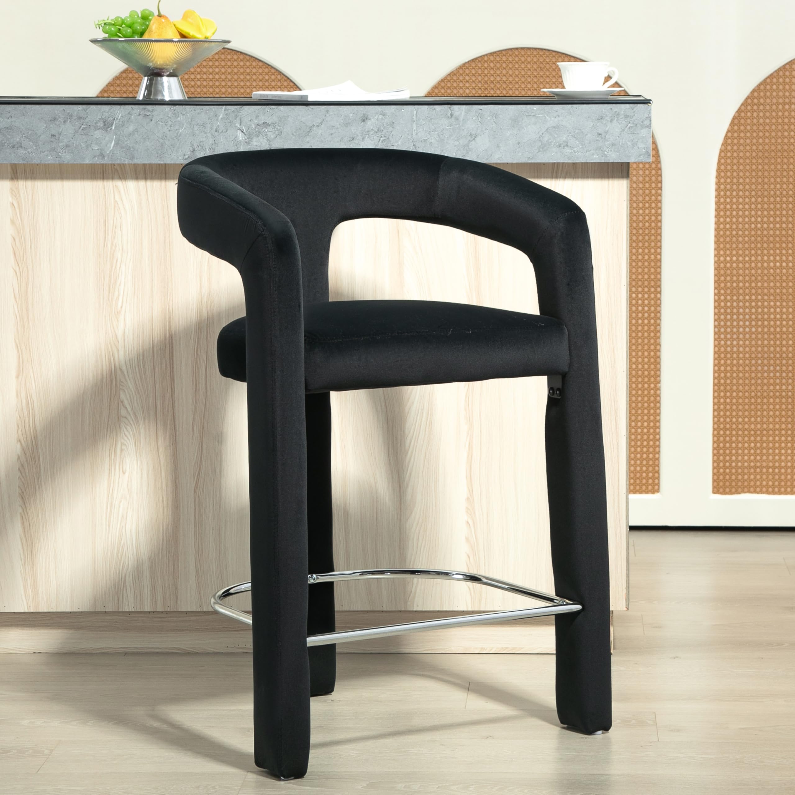 FinnhomyCounter Height Bar Stools Set of 1 - Velvet Upholstered Bar Chairs with Metal Footrest and Open Back, 300LB Weight Capacity for Kitchen Island, Home Bar, Black