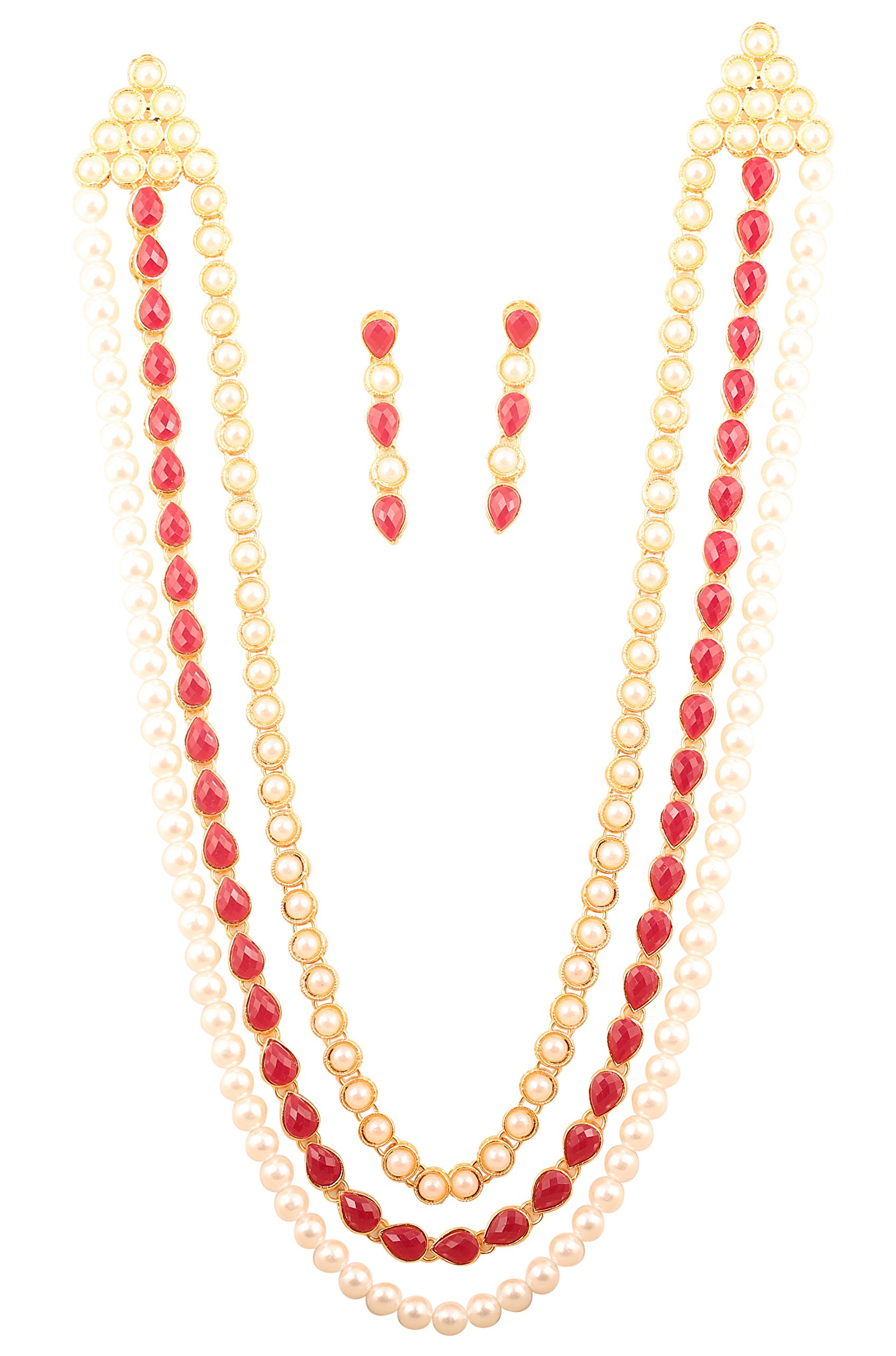 Touchstone"Contemporary Kundan Collection" Indian Bollywood Exclusive Kundan Polki Look Traditional Long Designer Jewelry Necklace Set With Faux Pearls And Faux Ruby For Women In Gold Tone
