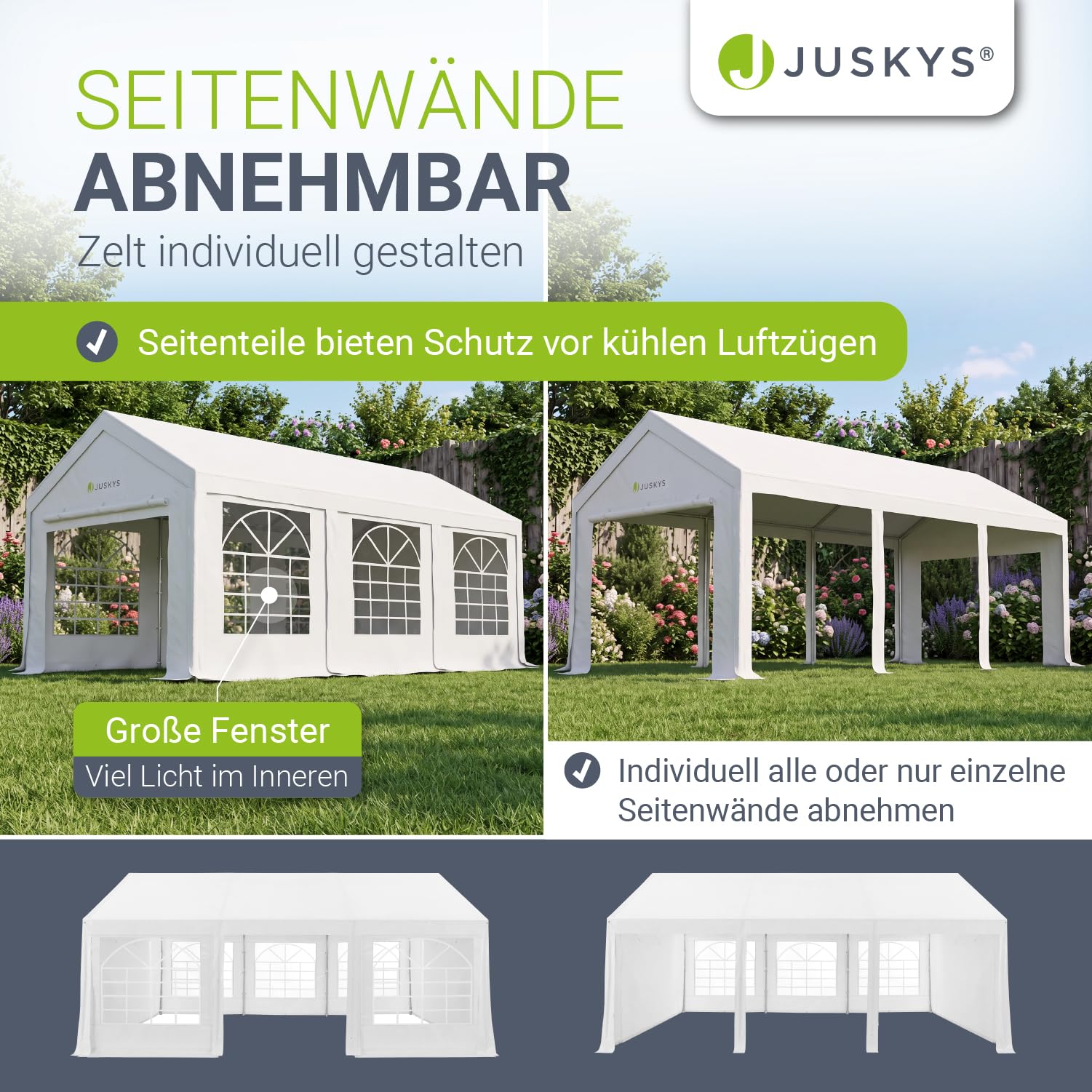 Juskys Partyzelt Gala 3 x 6 m - UV-Schutz Plane, Flexible Seitenwände - Pavillon stabil, groß - Outdoor Party Garten - Zelt Festzelt Weiß