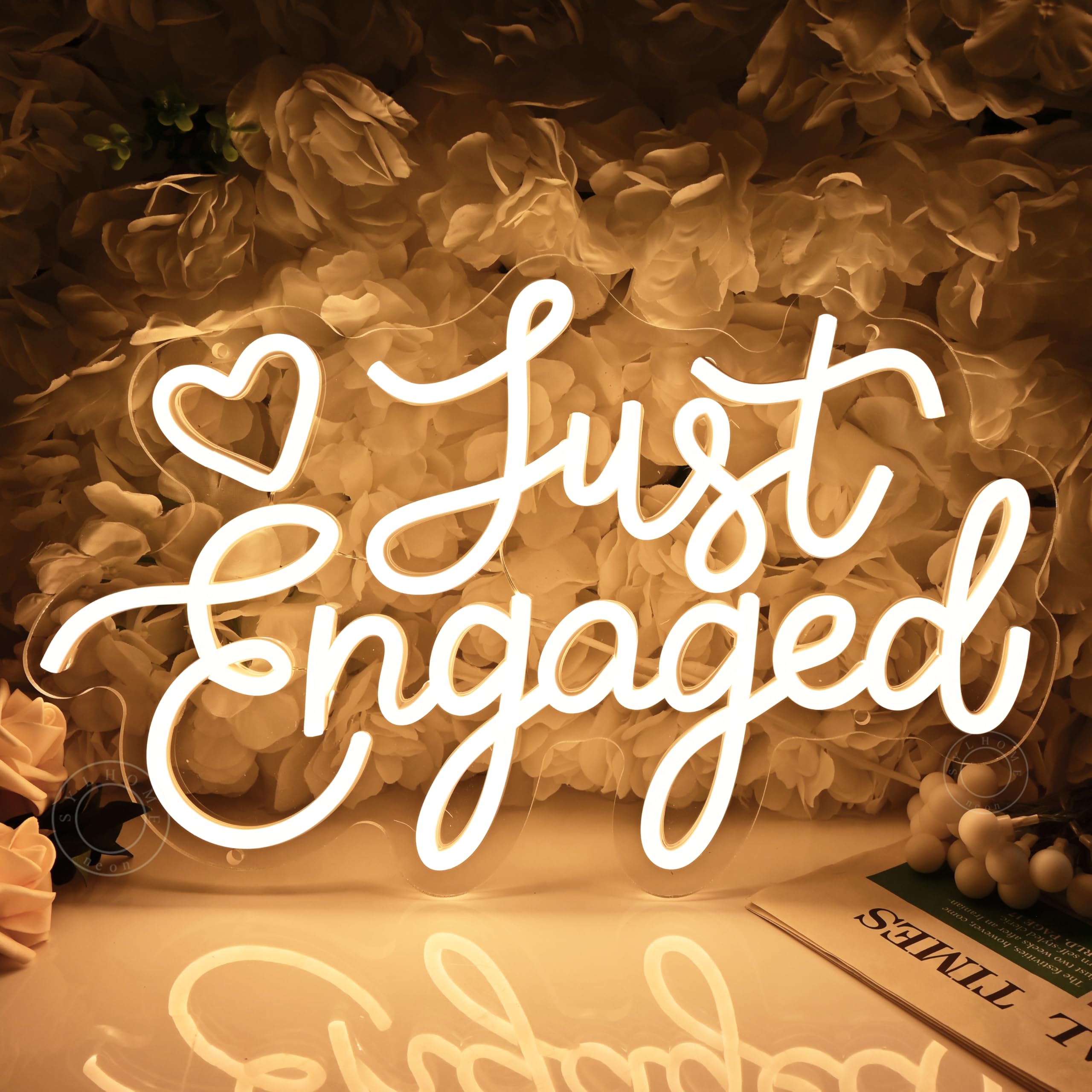 Sylhome Warm White Just Engaged Just Engaged Led Neon Light Sign Heart Wall Decor Sign Wedding Proposal Married Party Bridal Shower Engagement Backdrop Usb 15.75"X9.72" Warm