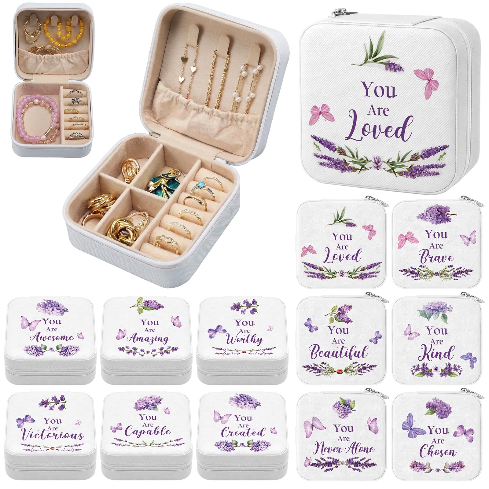 Photo 1 of Kacctyen 12 Pcs Mini Travel Jewelry Case Bulk You Are Loved Mother's Day Church Gift Bulk Purple Butterfly Gift for Secretary Mother Girls Leather Travel Jewelry Case Mothers Day Church Gifts