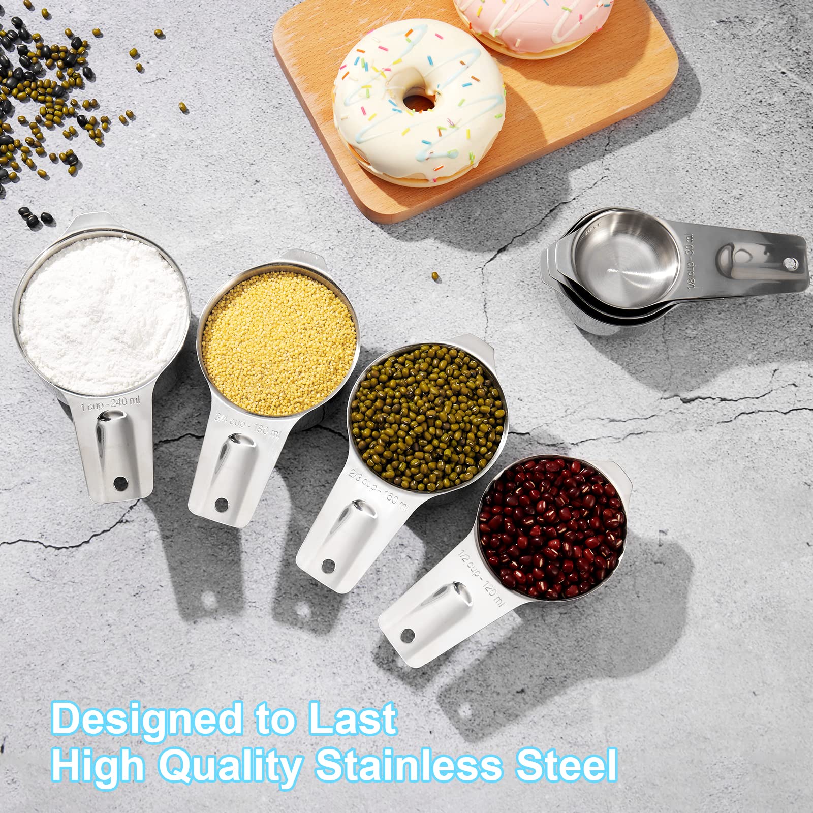 AIKEXIN Messbecher und Löffel Set 18-teilig, enthält 13 Edelstahl-Messbecher Löffel & 3 Kunststoff-Messbecher & Umrechnungstabelle & Nivellierer, flüssige und trockene Metallmessbecher-Set