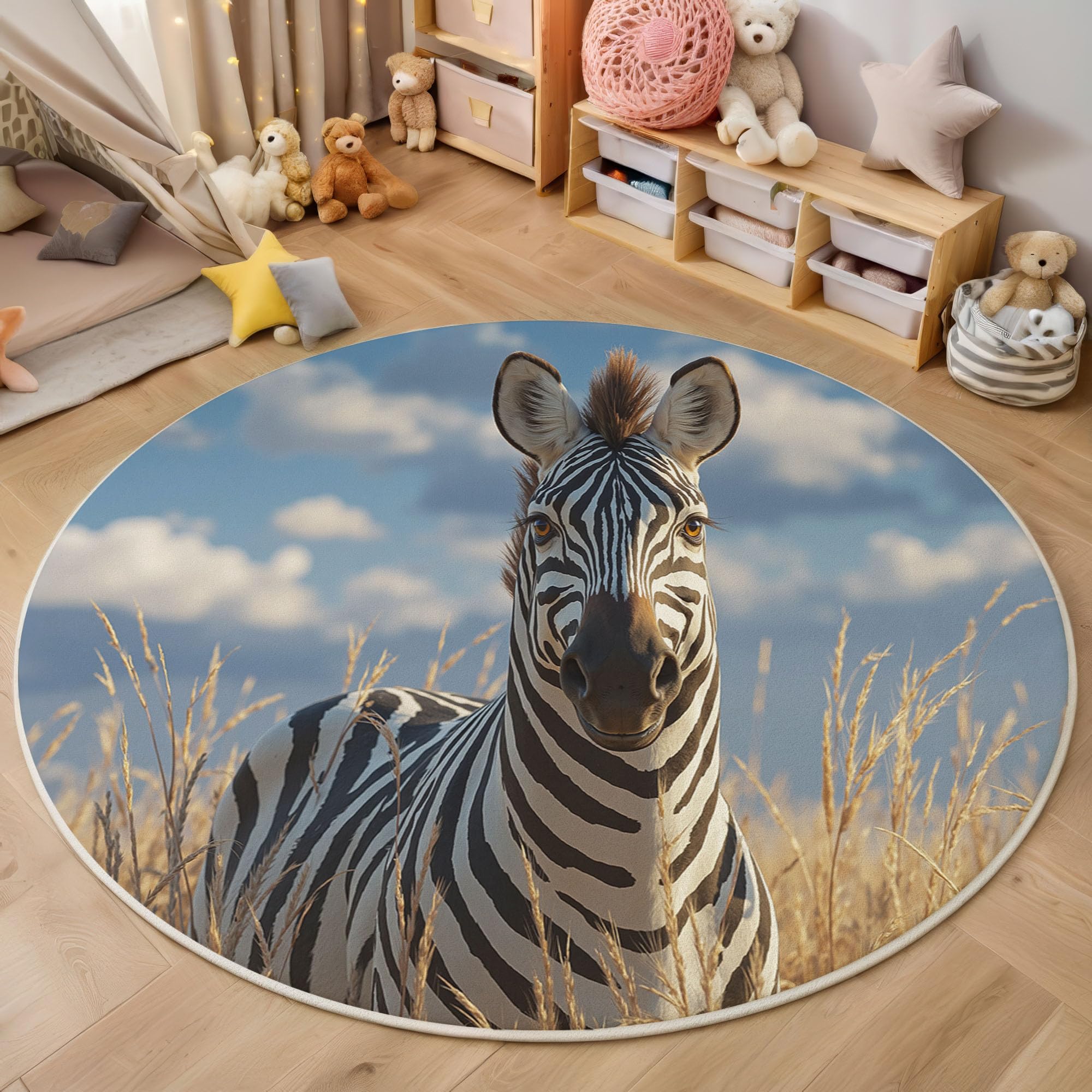Tapis de salon rond lavable en machine style naturaliste zèbre noir et blanc antidérapant