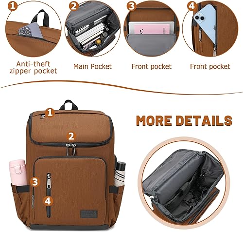 Miniatura 2 de YALUNDISI Mochila vintage con puerto de carga USB para mujeres y hombres, Marrón, Computadora portátil