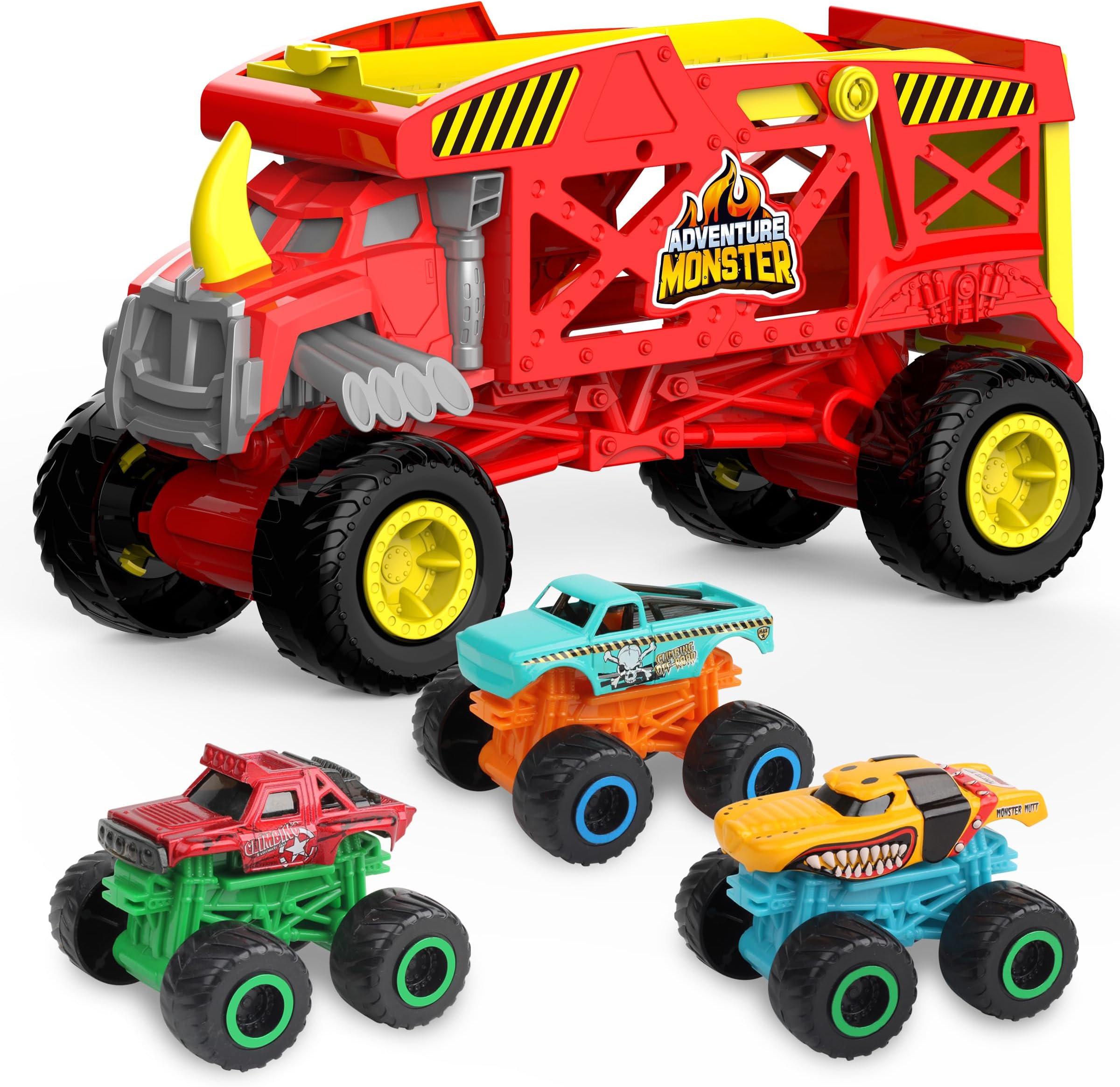 4 in 1 Monster Truck Transport Trolley Toy, Red Monster Mover Rhino Cars Hauler Set for Children, Transporter Truck with Starting Ramp, Includes 3 Diecast Monster Trucks Children 3+