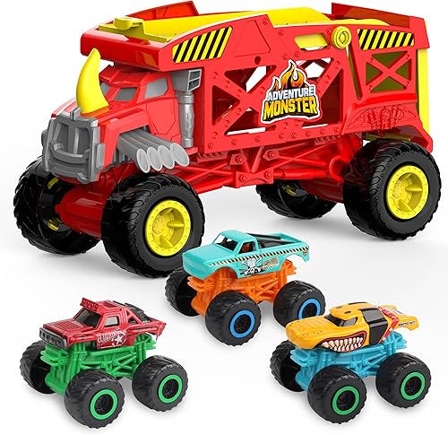 Miniatura 7 de KARMOUNT Monster Trucks Monster Mover Rhino Toy Car Hauler, Monster Carrier con 3 Mini Monster Trucks, Super Ramp Lauch, regalo para niños de 3 años
