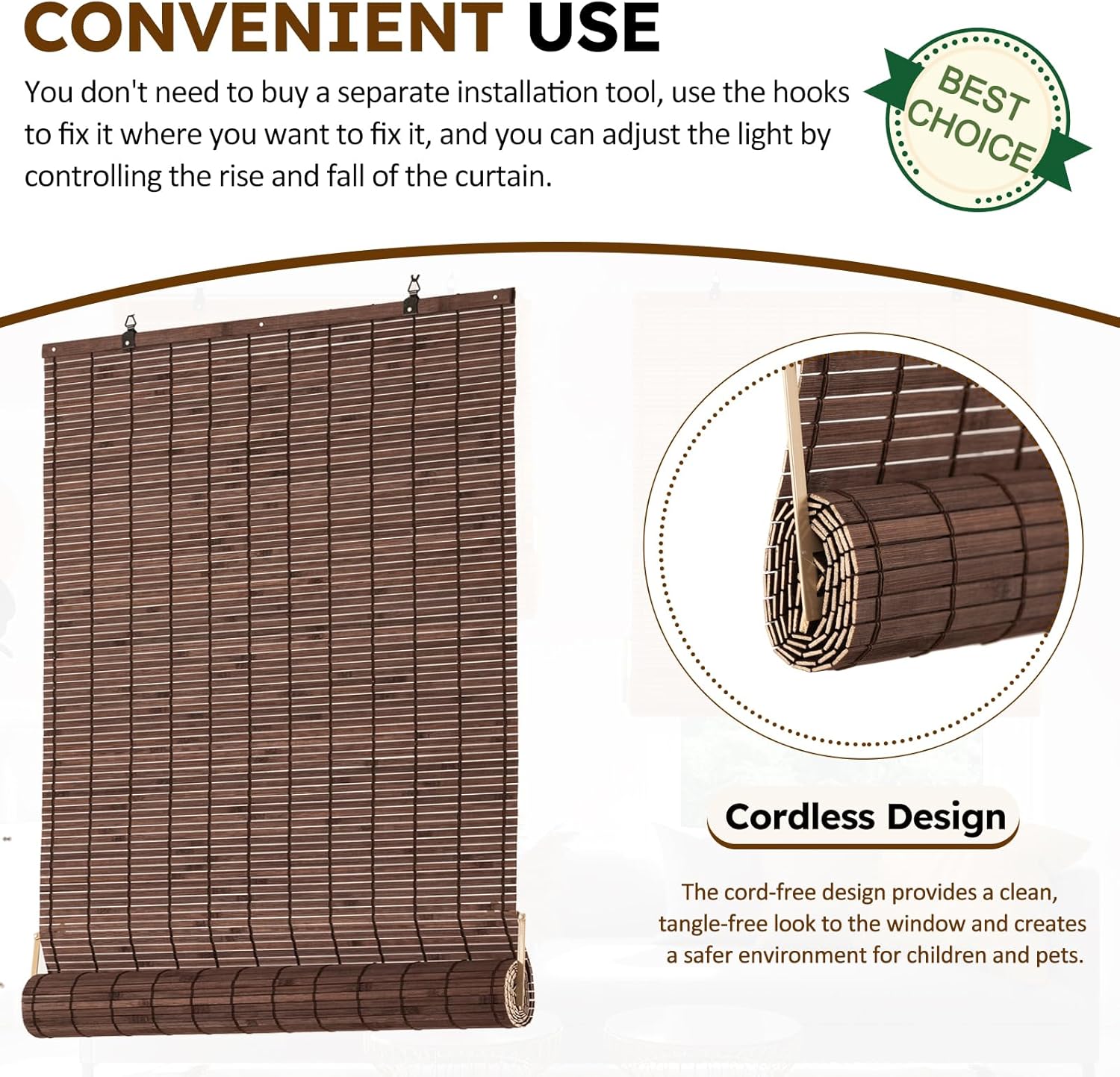 Cordless Bamboo Roman Shades Bamboo Blinds Roll Up Light Filtering Roller Window Curtains for Interior Home Patio Porch Drak Brown 36''W X 72''L