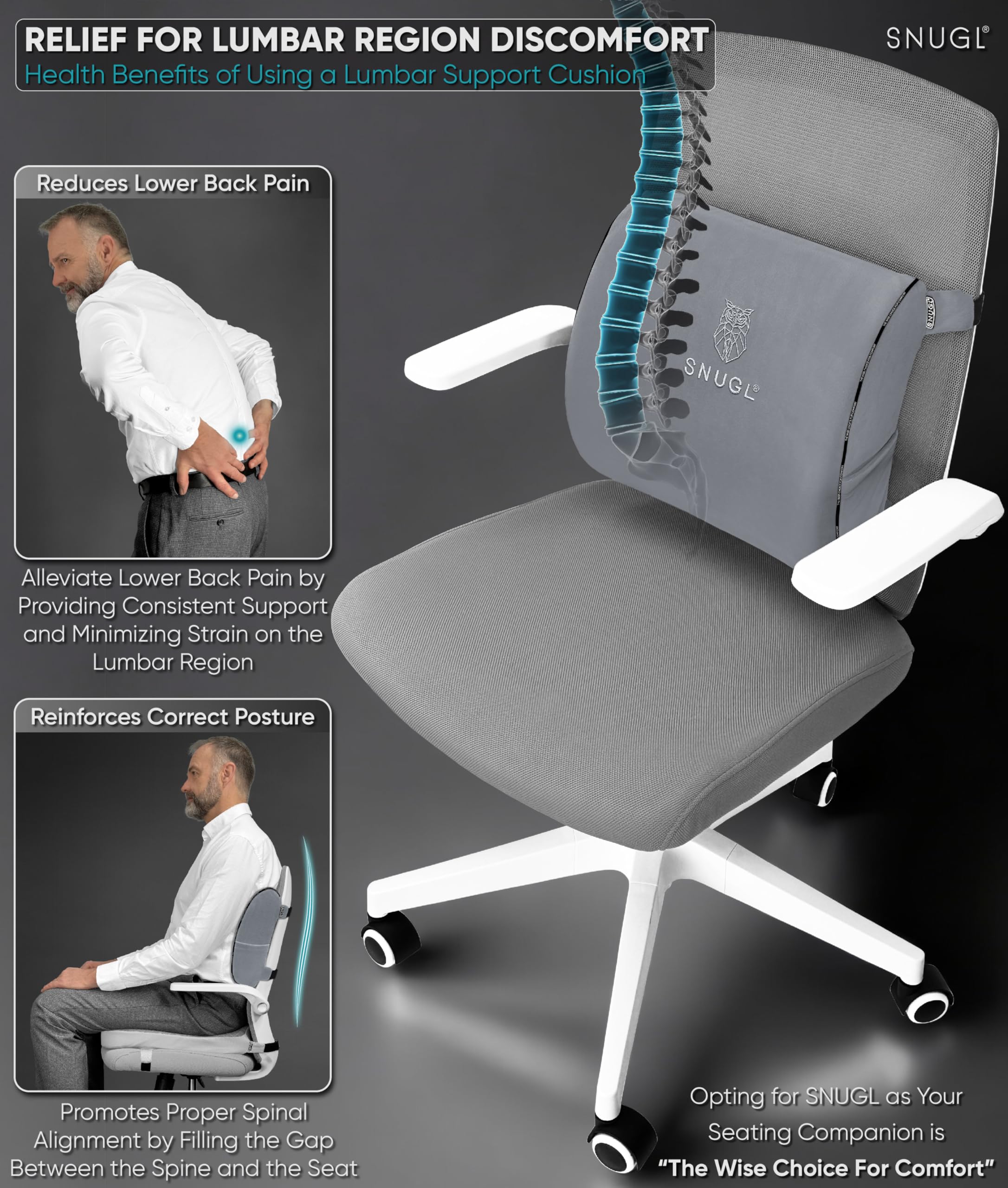 SNUGL Cuscino Lombare Supporto Schiena per Sedia da Ufficio | Cuscino Ortopedico in Memory Foam | Correttore Postura Uomo Donna | Cuscino Sedile Auto | Accessorio Ergonomico per Ufficio