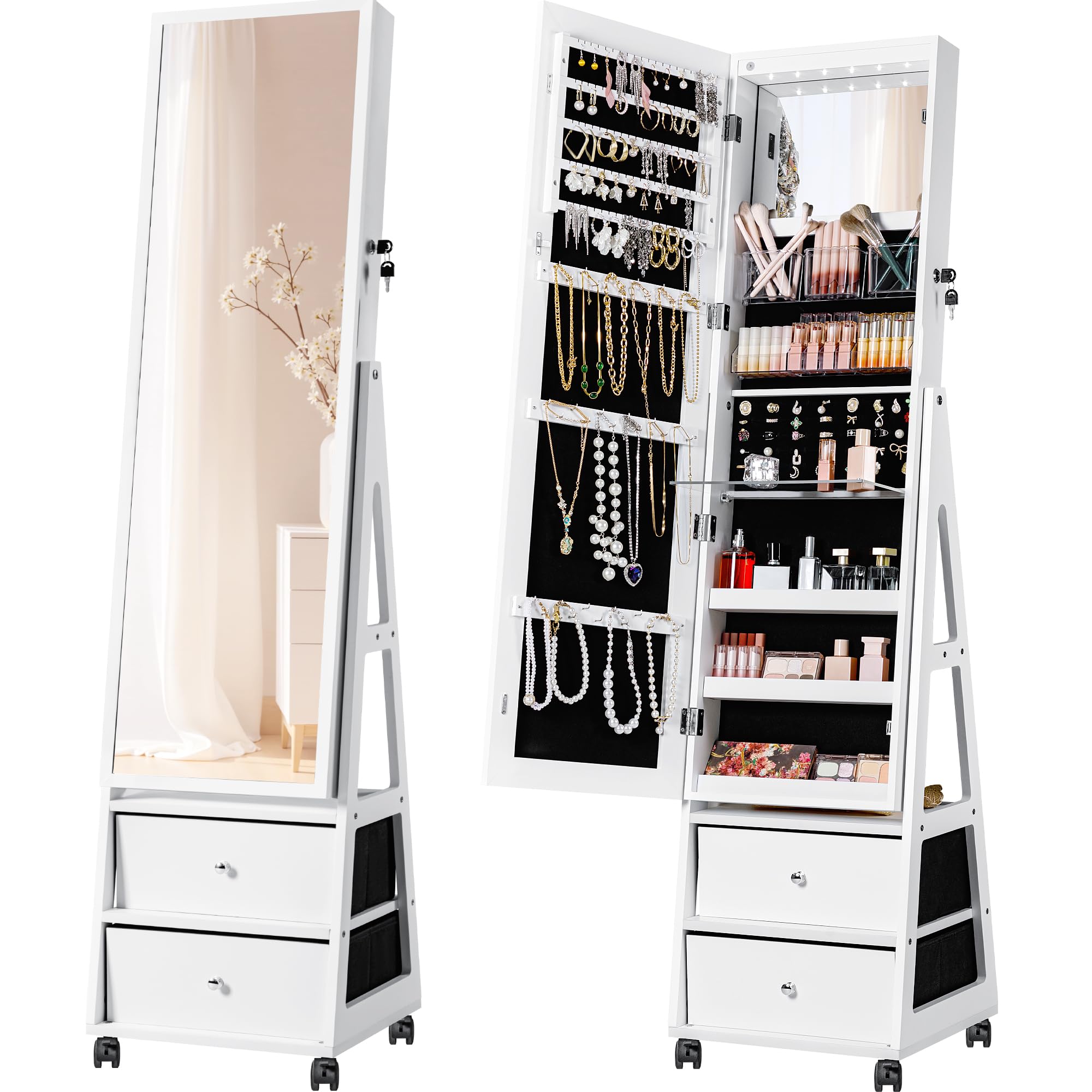 Amazon.com: JUMMICO Mirror Jewelry Cabinet Standing, 360° Swivel ...