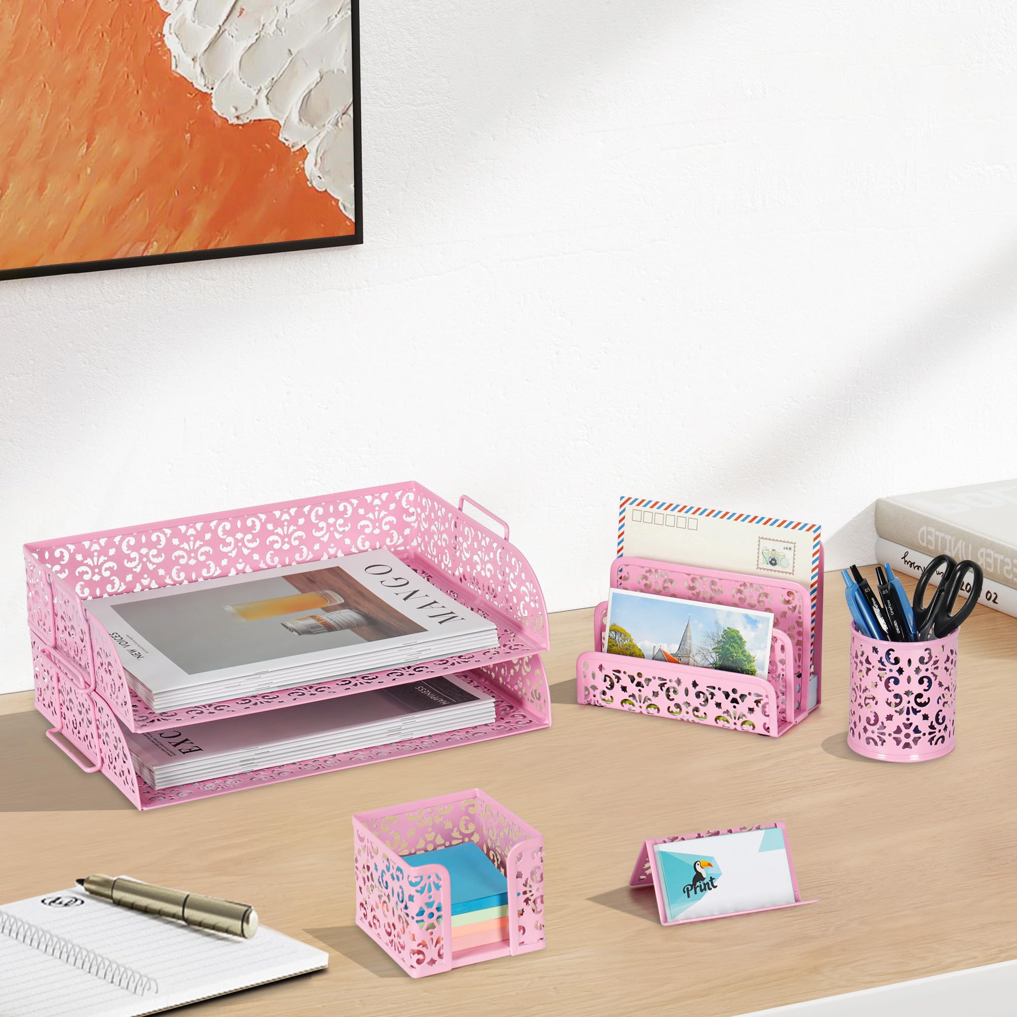 EasyPAG - Organizer da scrivania 5 in 1, 2 ripiani, impilabile, portapenne, porta biglietti da visita e porta banconote Oro rosato