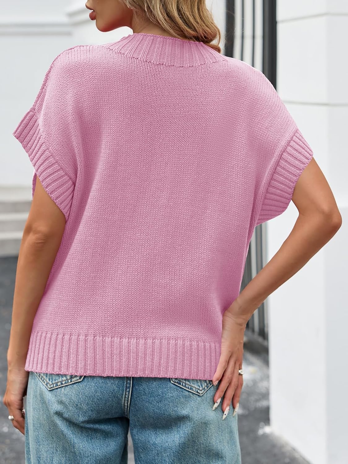 Saodimallsu Womens Cap Sleeve Cropped Sweater Mock Neck Cute Heart Loose Valentine Knit Tank Tops - Image 6