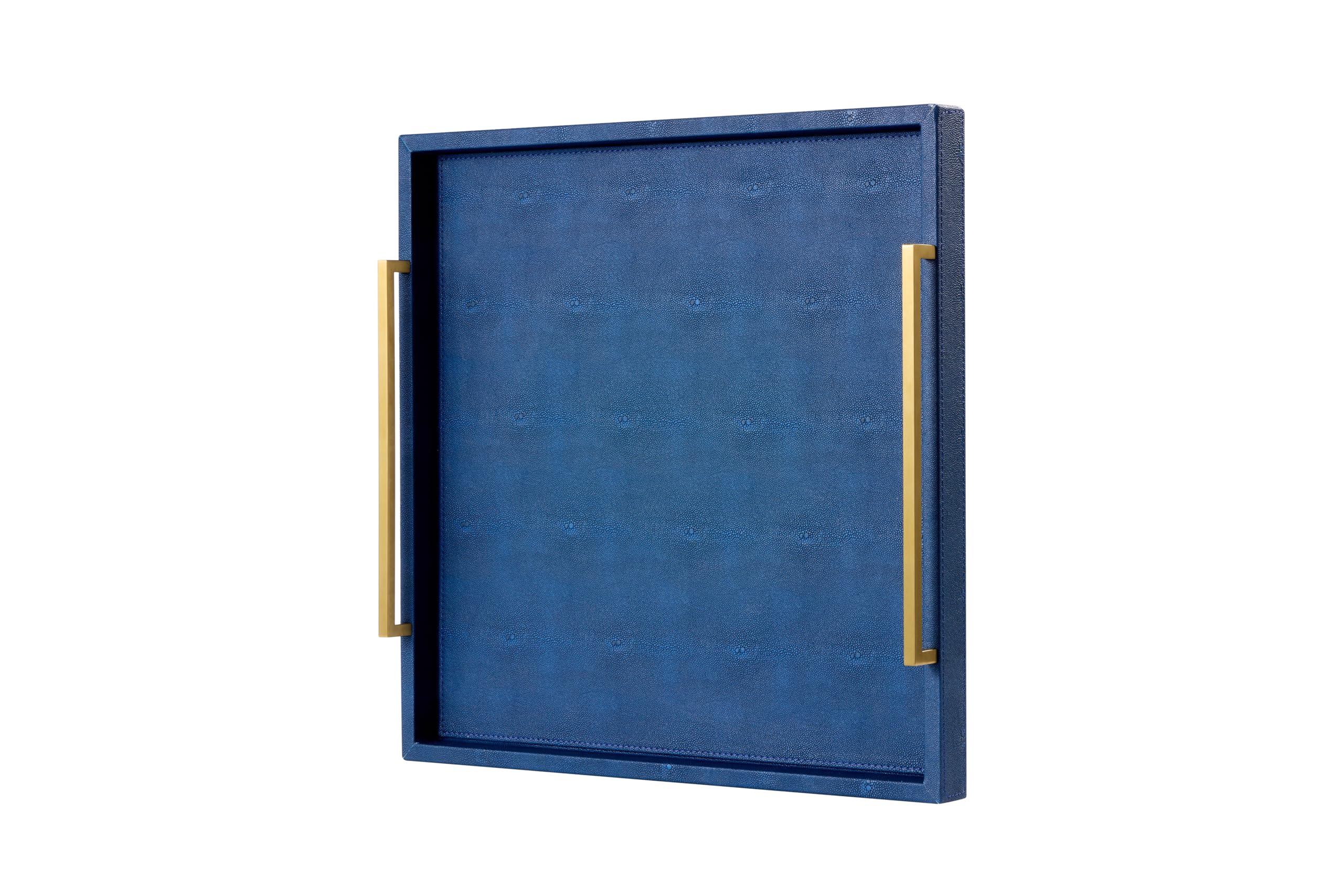 20"x20" Navy Blue Extra Large Decorative Tray for Coffee Table Shagreen Leather Extra Large Square Ottoman Tray for Living Room (navyblue -Gold Handle