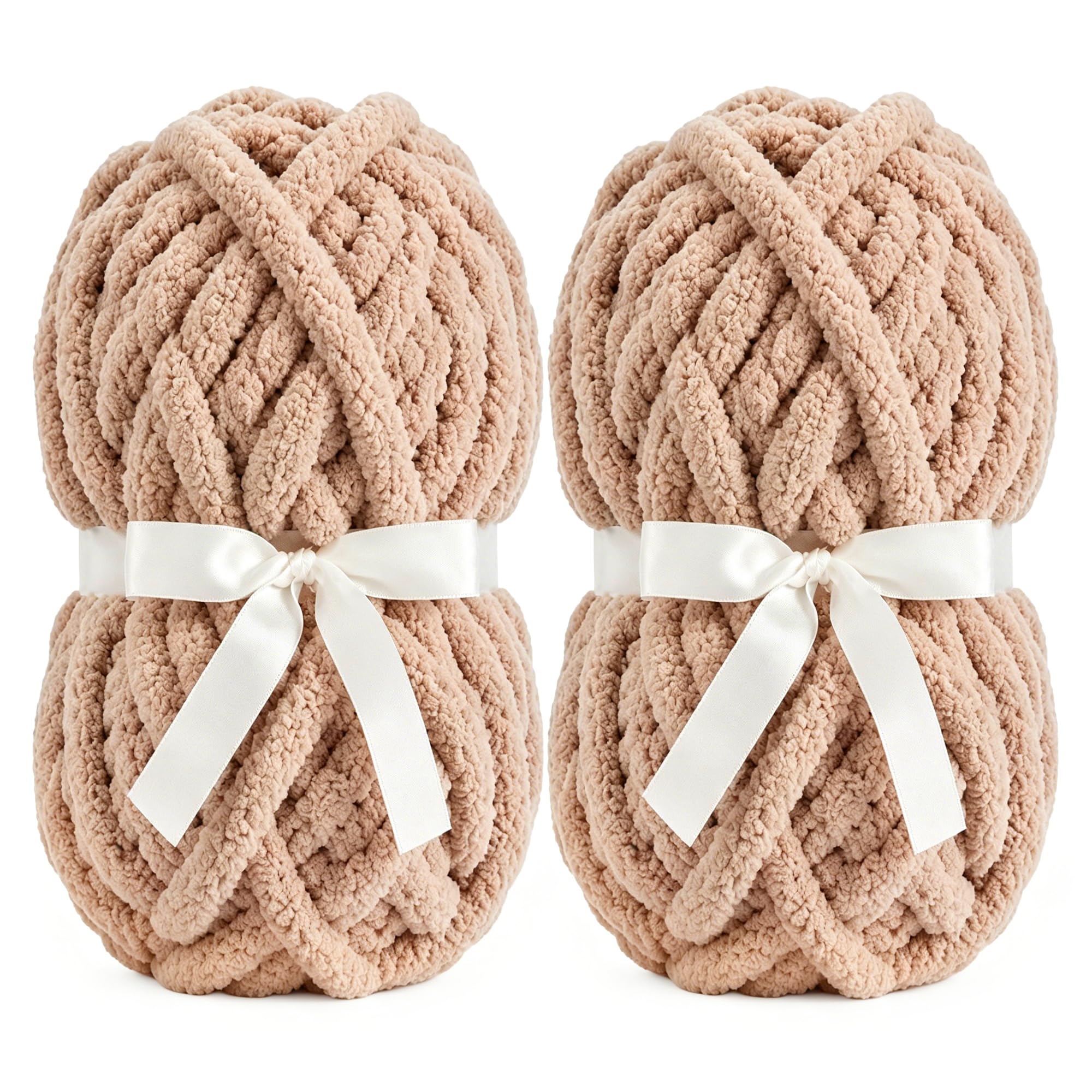 Chunky Chenille Yarn, Super Soft Fluffy Jumbo, 226g Skein, 24m Length, 2cm Diameter, for Hand Knitting and Crocheting, Blankets, Home Decor (2, Light Coffee)