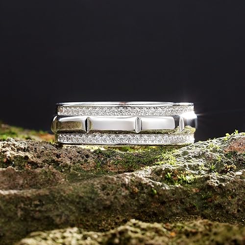 Miniatura 2 de Anillo de boda de oro blanco para hombre, plata de ley 925 con 13 circonitas cúbicas de corte redondo, anillo de compromiso para él, talla 7-14