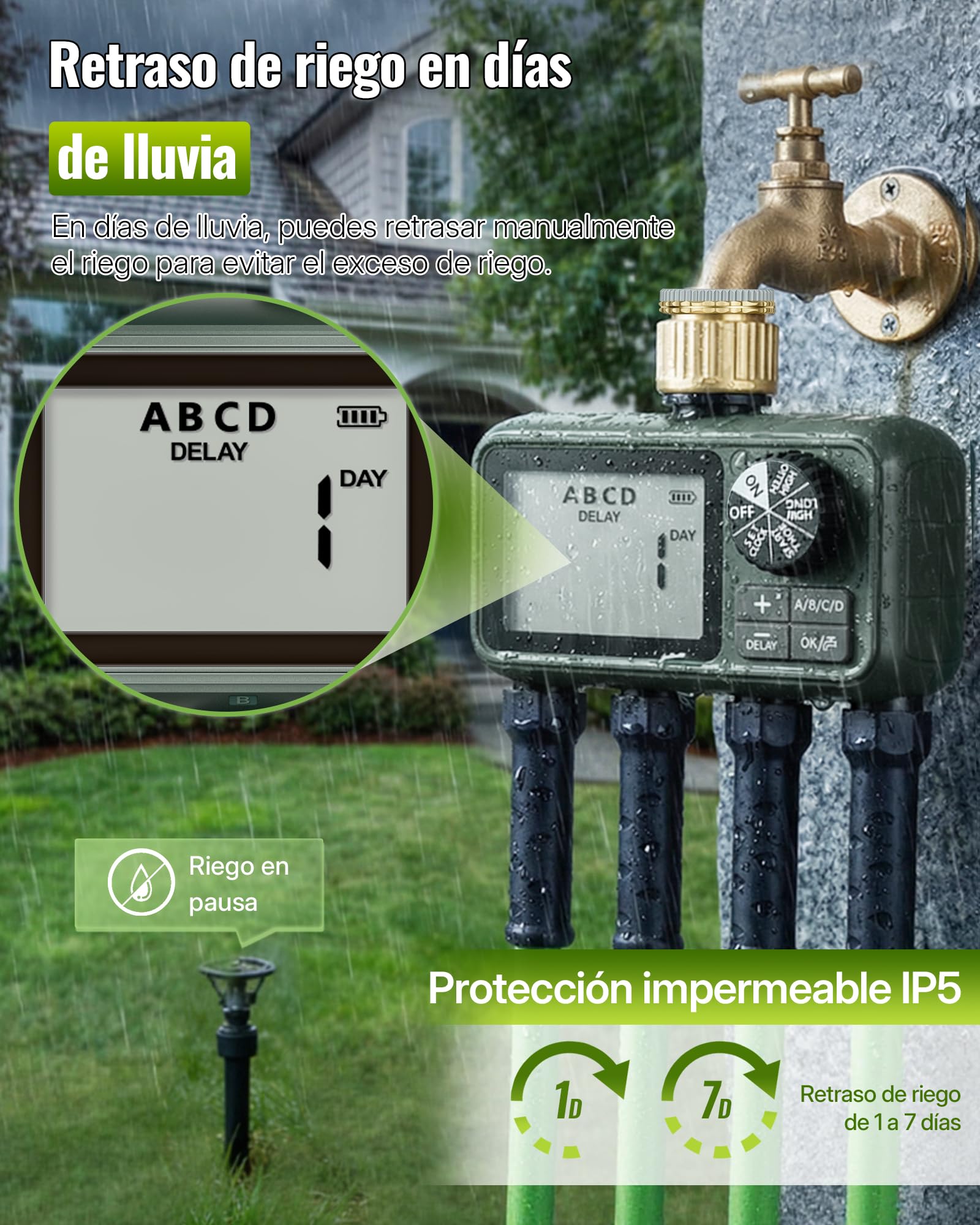 Programador de Riego de 4 Válvulas, Ordenador de Riego Automático, Temporizador para Grifo de Manguera de Jardín, Función de Retraso por Lluvia, Patio y Césped, Verde Oscuro