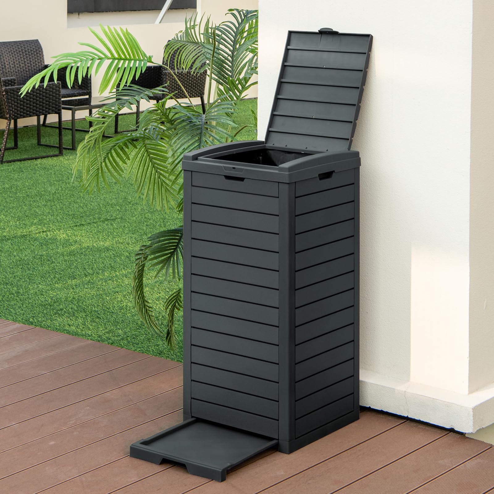 GOPLUS Mülltonnenbox 118 L, Mülleimer mit Klappdeckel & ausziehbarer Abtropfschale, tragbarer Mülltonnecontainer für Terrasse & Hinterhof (Schwarz-1 Pack)