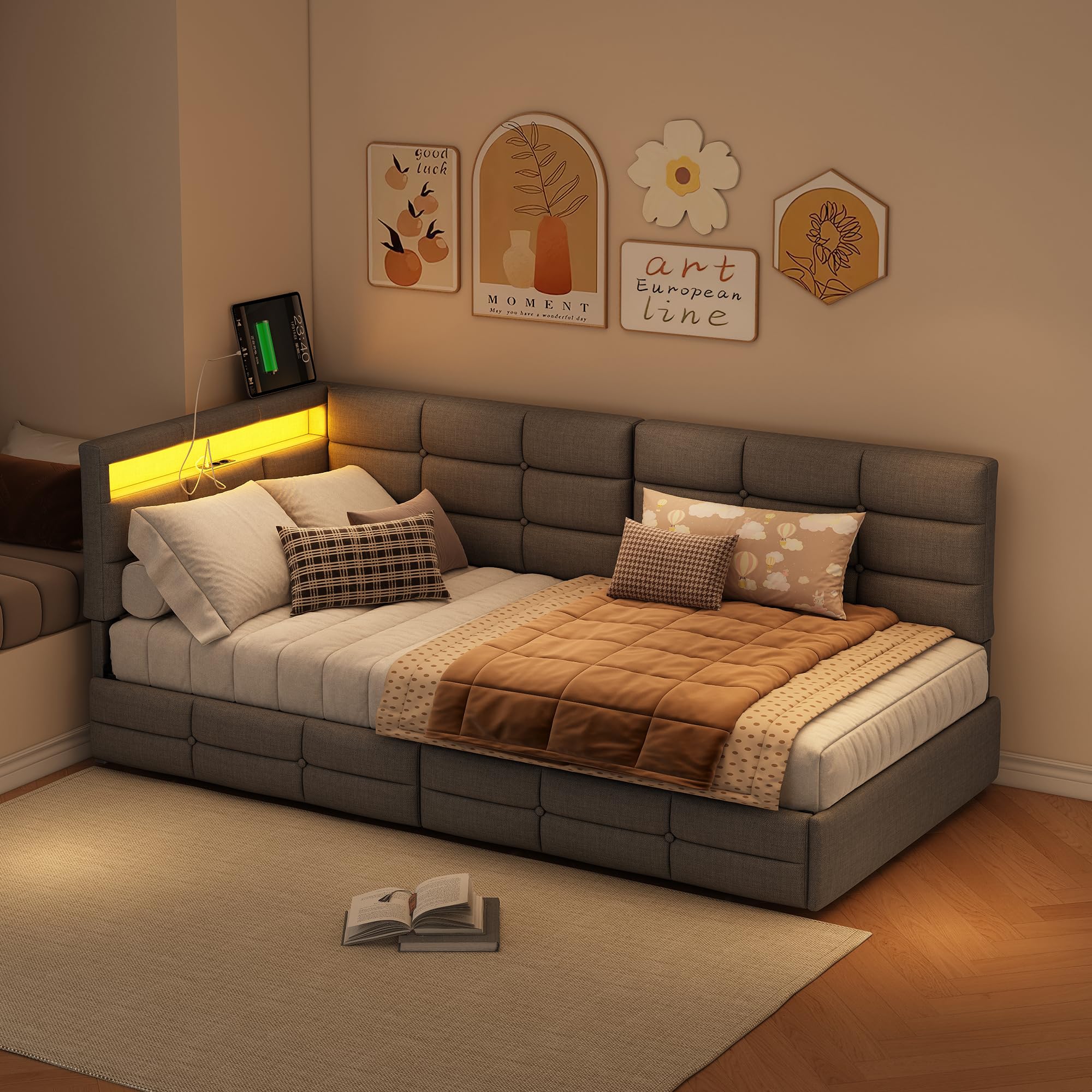 Sofa z funkcją spania w kształcie L 90x200 z 2 szufladami do przechowywania, sofa rozkładana, funkcyjne łóżko z funkcją spania z USB/Typ C i światłem LED, sofa tapczan, rozkładane łóżko, łóżko tapczan