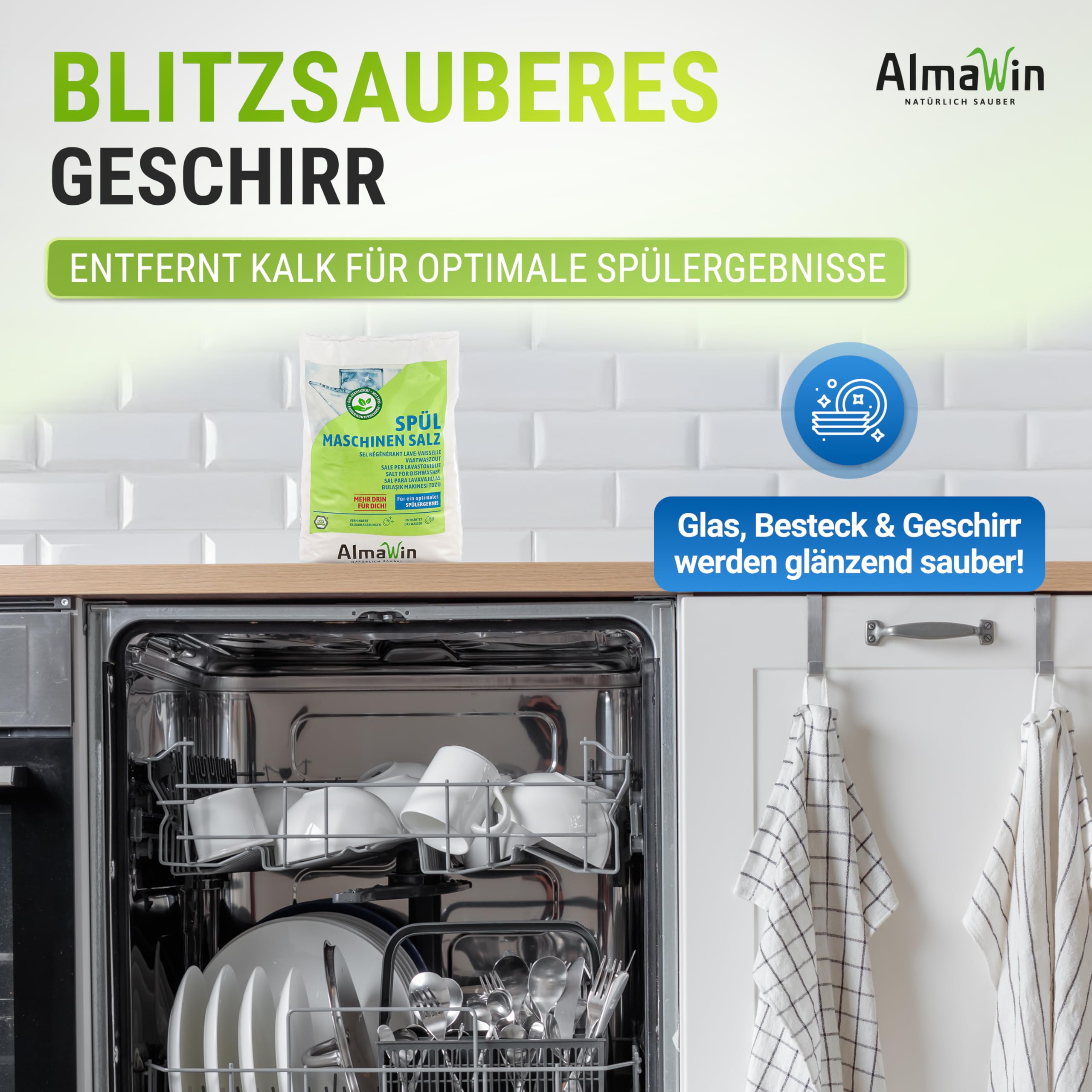 AlmaWin® Spülmaschinen Salz [18x 2kg] zum Schutz vor Kalkablagerungen & Wasserflecken - Geschirrspüler Salz für optimale Spülergebnisse - Regeneriersalz, Spezialsalz - 100% Natürlich, Bio & VEGAN