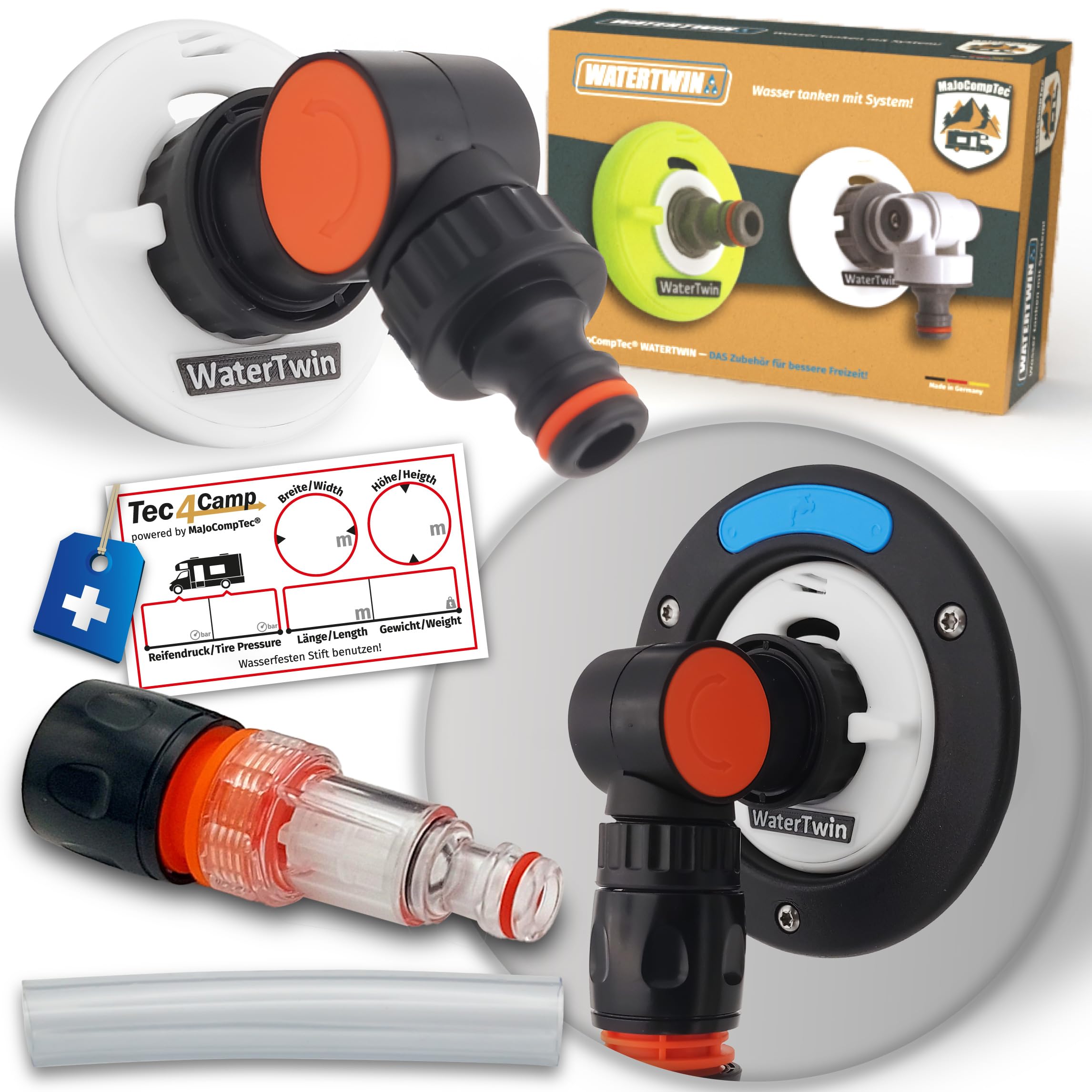 MaJoCompTec® WATERTWIN - Set di filtri per serbatoio dell'acqua per camper, accessori per serbatoio, adattatore compatibile con Gardena, tipo 3 pin, D:78 (CLEAN)